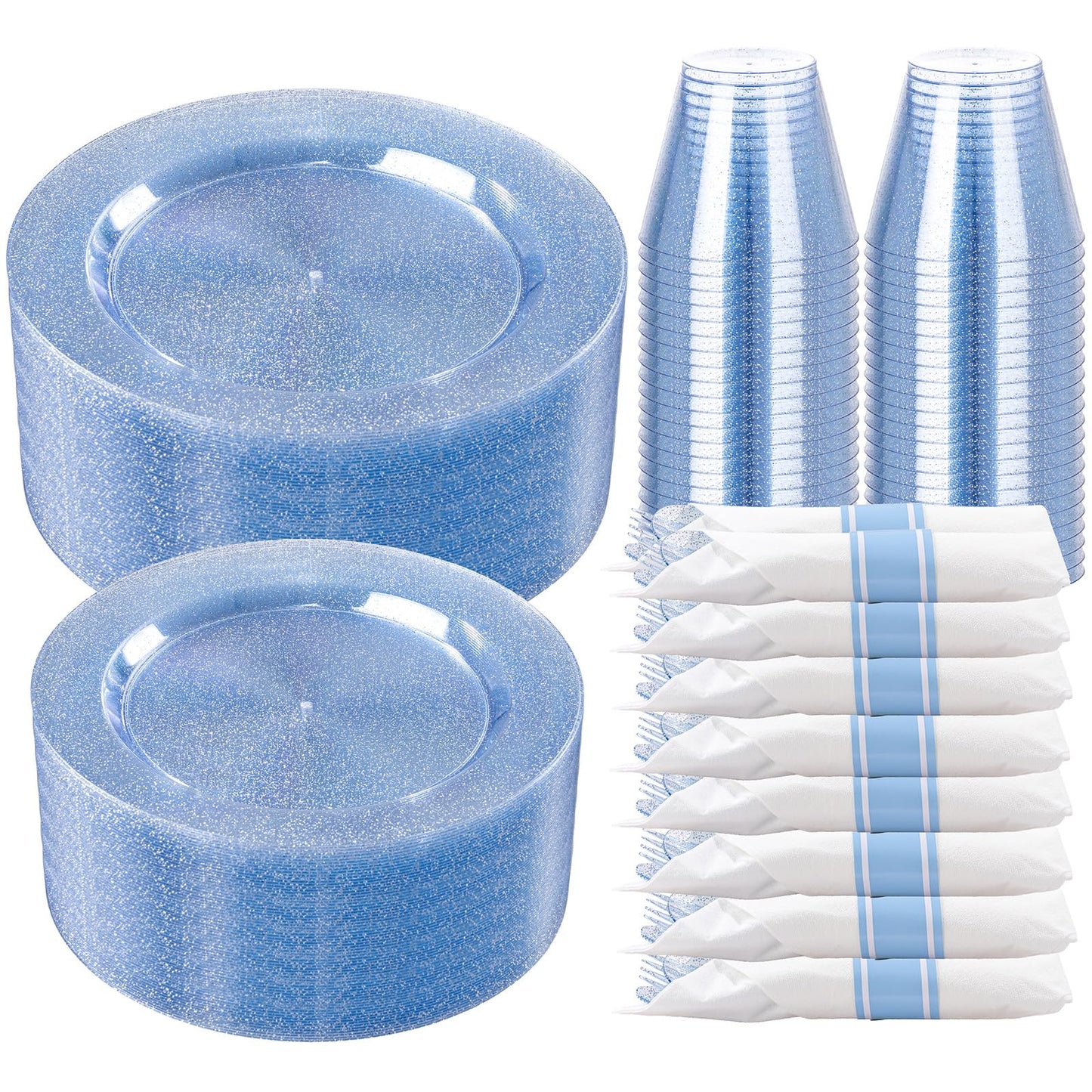DaYammi 350 Pieces Blue Glitter Dinnerware Set 50 Guest for Party- 50 Dinner Plates, 50 Dessert Plates -50 Per Rolled Napkins with Blue Cutlery - 50 Disposable Cups 9 OZ