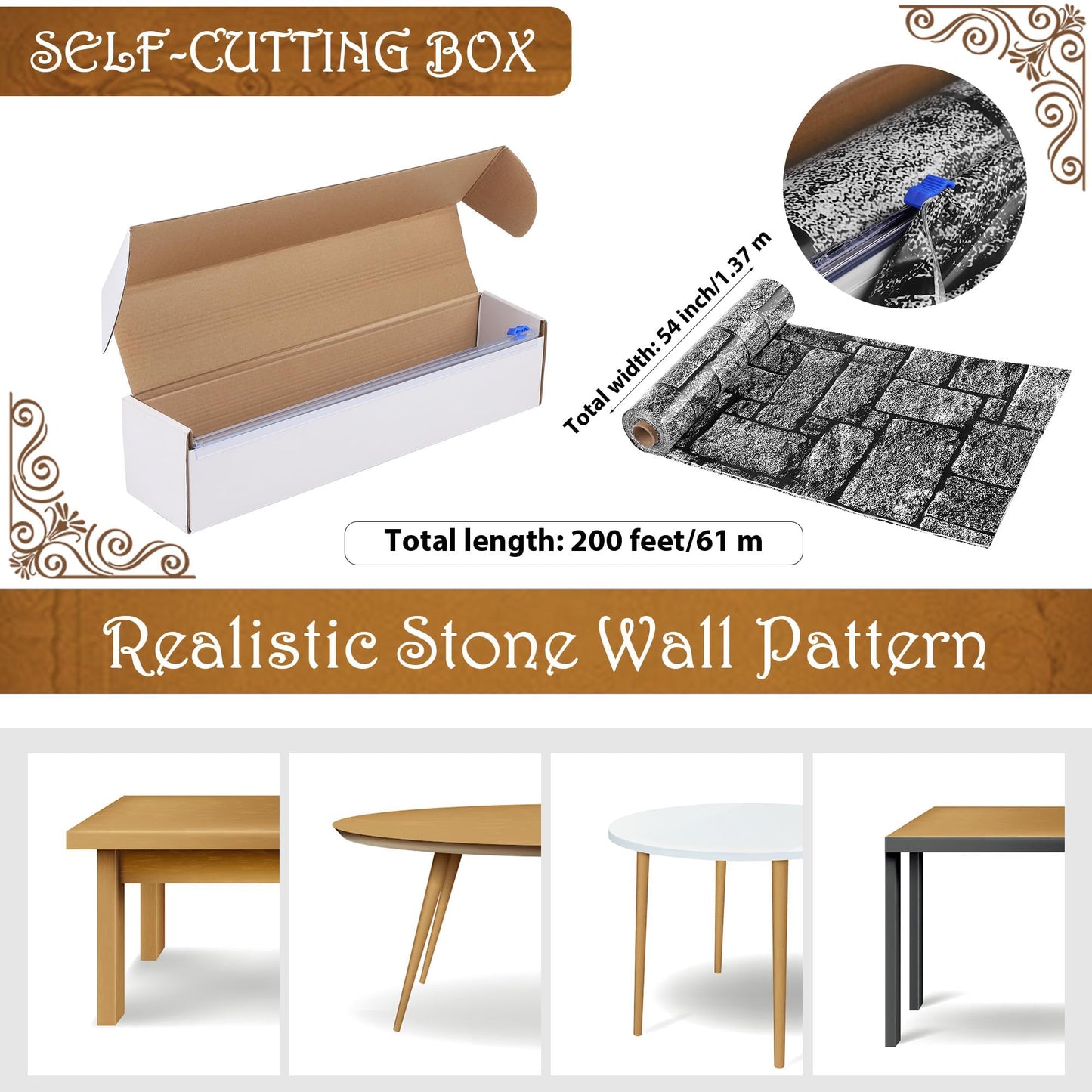 Kochorie 200 Ft X 54 Inch Stone Wall Tablecloth Roll with Cutter Box Disposable Plastic Stone Table Cover Medieval Stone Brick Table Cloth Dirt Floor Wall Backdrops for Farm Wedding Birthday Party