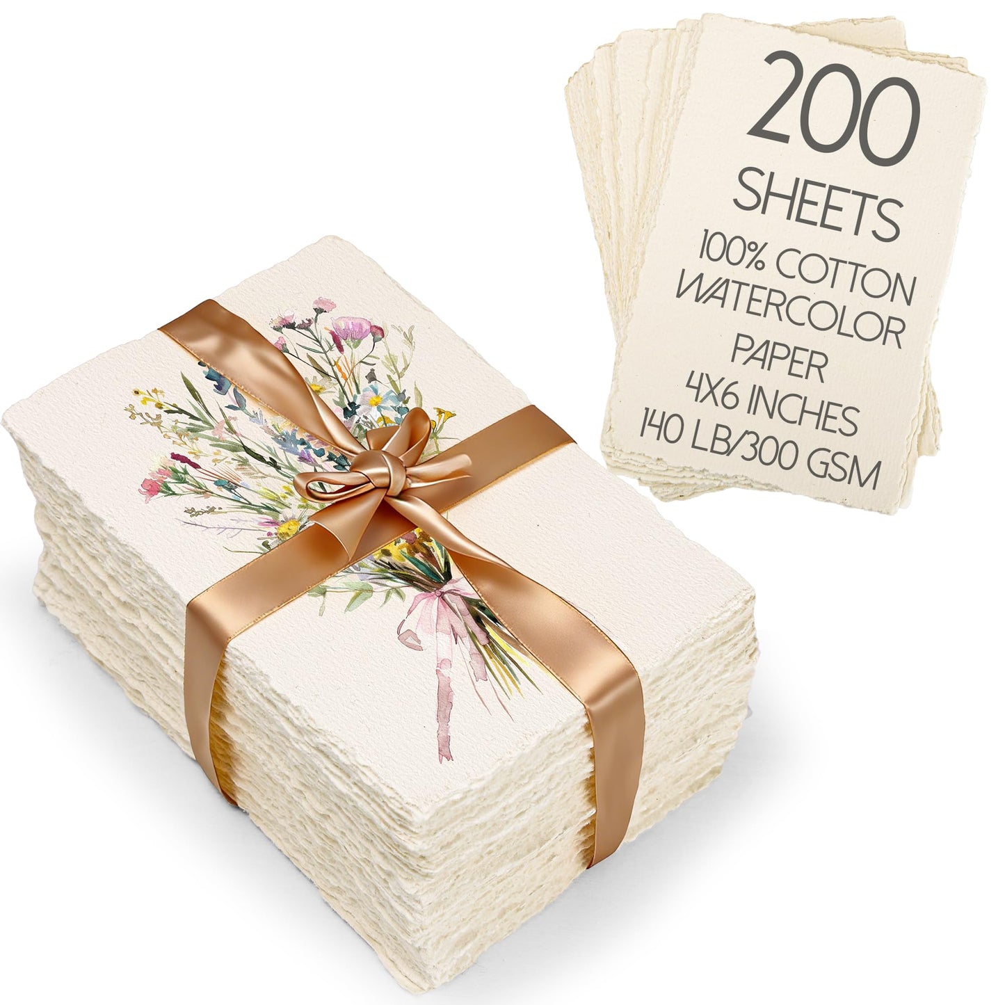 Oleitodh 200 Sheets Cotton Watercolor Paper 4 x 6inch, 140lb/300 GSM Handmade Paper Deckled Edge Watercolor Cardstock Textured Paper for Watercolors, Wedding Invitations, Cards, Crafts