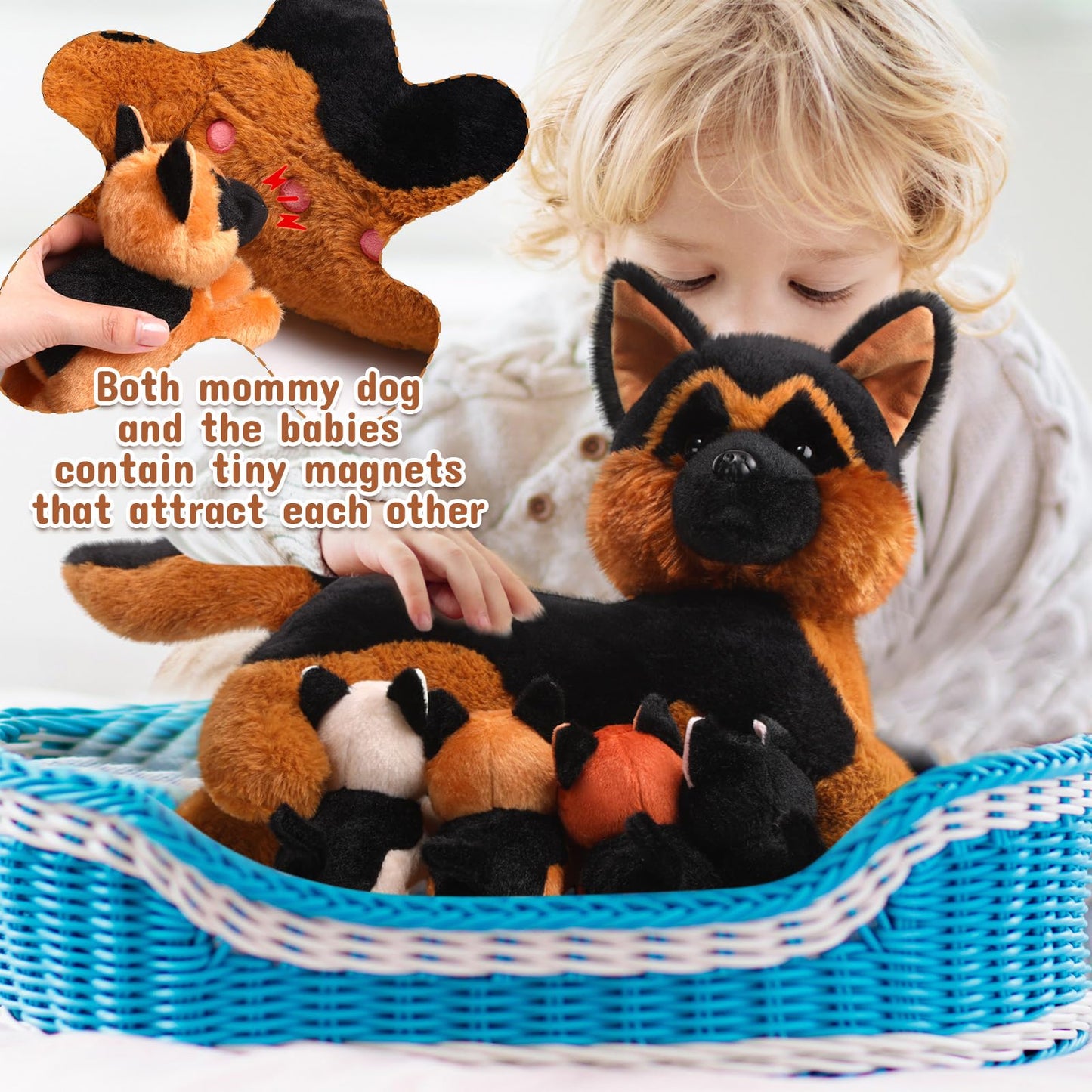 HyDren Nurturing German Shepherd Plush Toys Sets 15 Inch Soft Cuddly Nursing Mommy Dog Stuffed Animal with 4 Magnetic Stuffed Baby Puppies for Kids Birthday Holiday Party Favor Gifts Home Room Decors