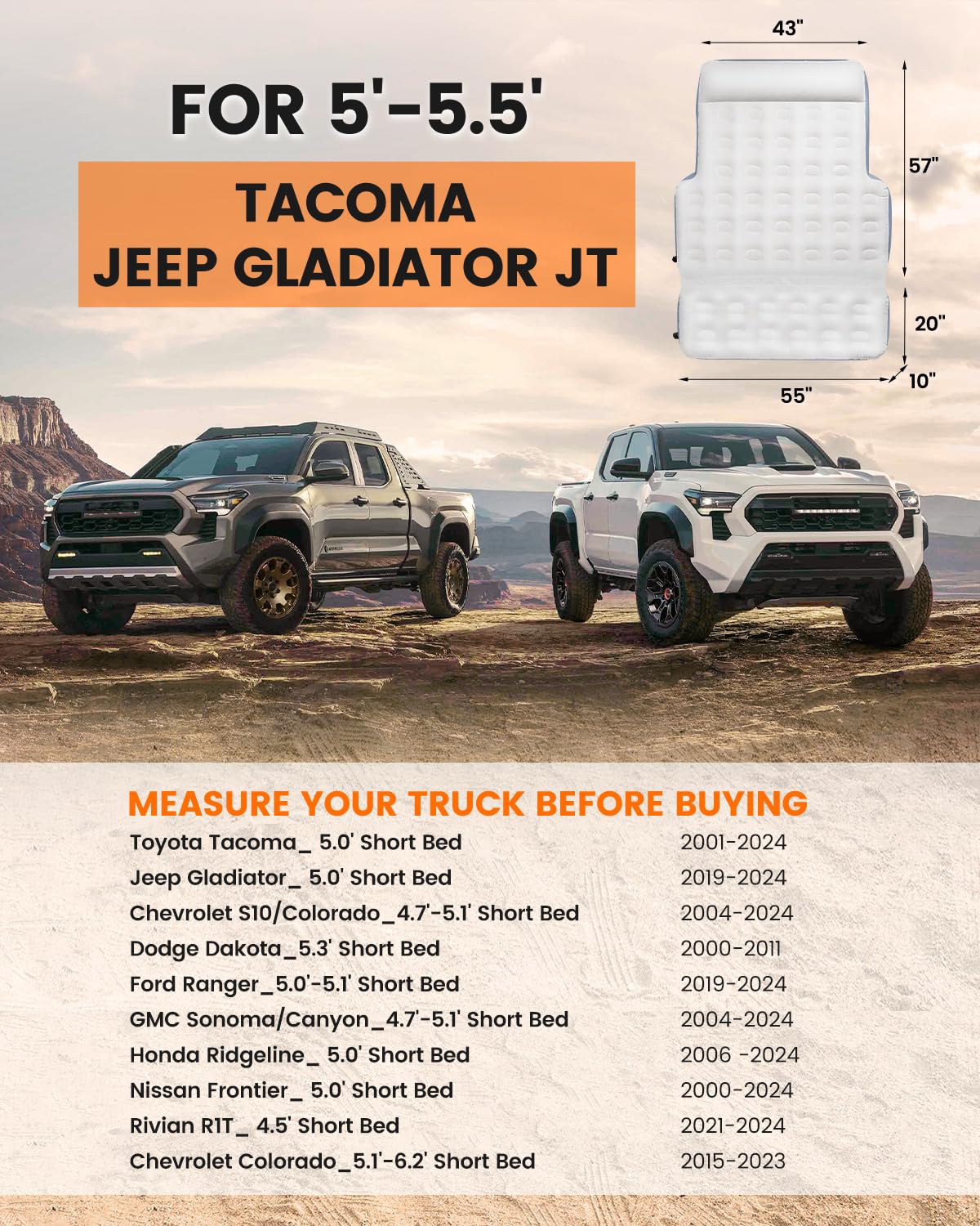 GOTIDY Short Truck Bed Air Mattress 5-5.5ft for Mid-Size Pickup with Tailgate Extension, Truck Bed Mattress for Tacoma Jeep Gladiator JT,Wired Air Pump, Oversized Carry Bag, Integrated Pillow
