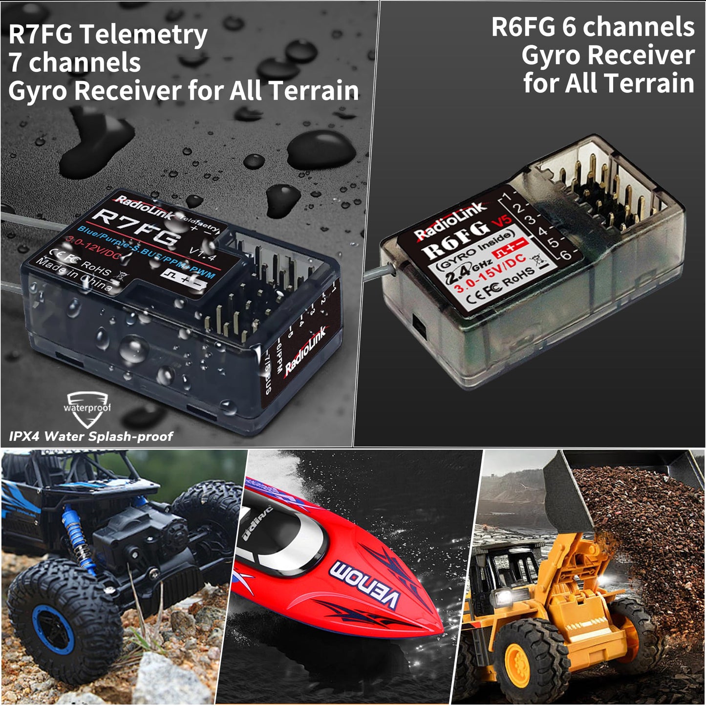 Radiolink RC6GS V3 7 Channels RC Radio Transmitter with R7FG & R6FG Gyro 2Pcs Receivers 2.4GHz 600m for Remote Control Car, Truck, Buggy, Racing Vehicle, Crawler, RC Boat
