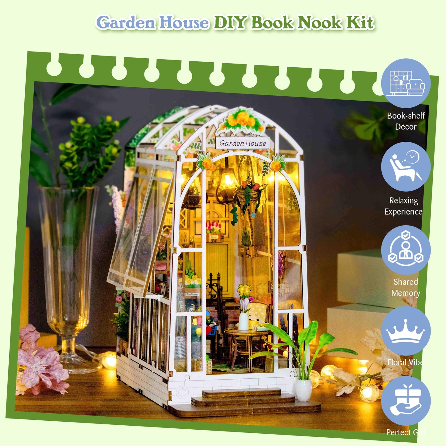 Soothee DIY Miniature House Kit, DIY Book Nook with LED Light, 3D Puzzles for Adults and Teens, Dollhouse for Bookshelf Decor, Tiny House Building Kits for Craft Lovers (Garden House)