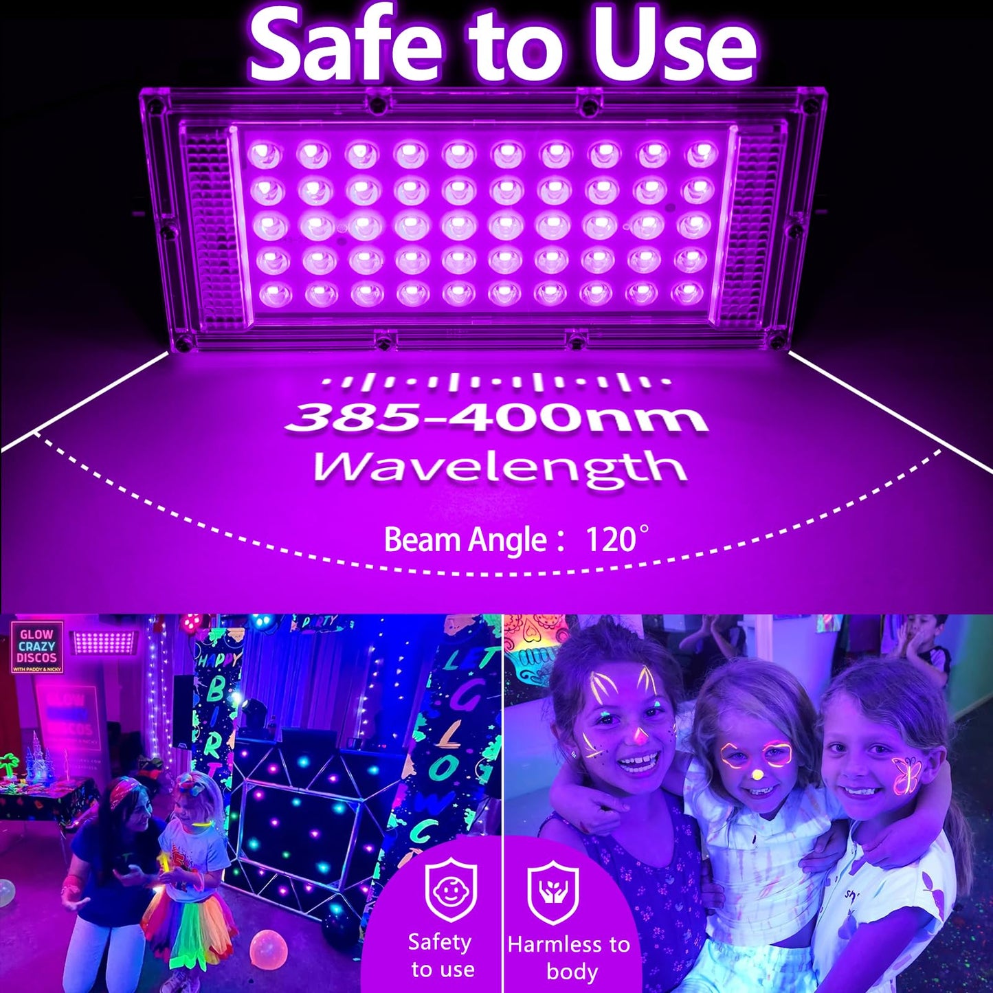 Akpgf 6 Pack 50W Black Light, LED Blacklight with US Plug and Switch, Black Lights for Glow Party,Halloween,Body Painting,Birthday Party,Fluorescent Painting and Tapestry