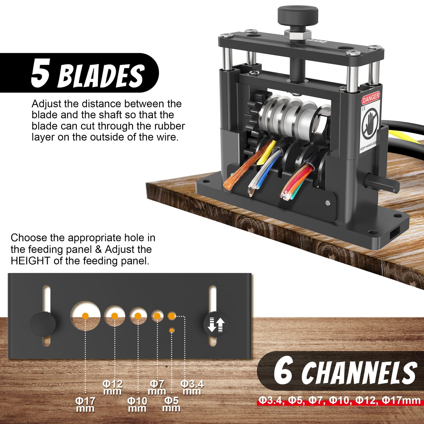 Tanfix PRO Wire Stripper Machine W / 6 Channels & 5 Carbide Blade, Φ0.06-0.65'' Upgraded & Aluminum Frame Drill Powered Wire Cable Stripper, Efficient recycling of Copper Wire