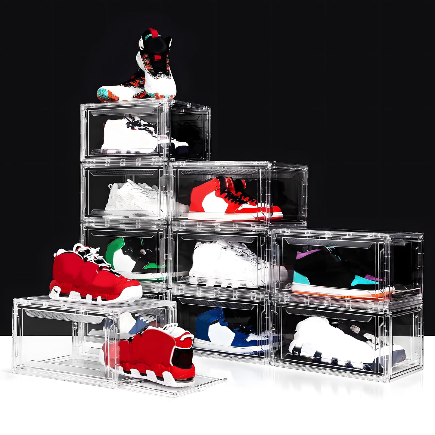 12 Pack Acrylic Clear Shoe Boxes– Ultra Clear Plastic Stackable Sneaker Storage For Sneakerhead. Professional Grade Shoe Display Case with Magnetic Door .Boots and Hat Organizer.Fits US Size 15