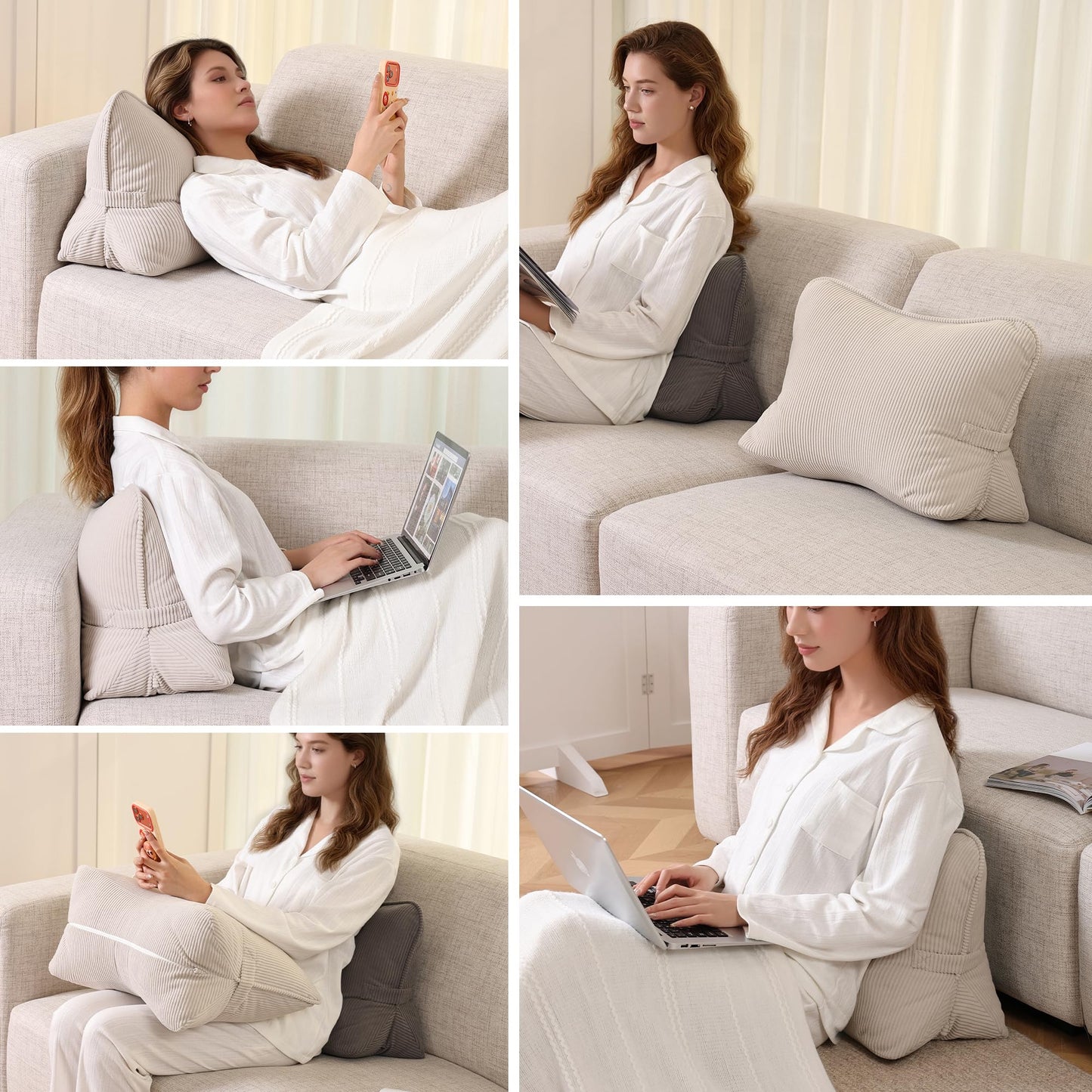 Ailuteie Pat. Pend. Corduroy Lumbar Support Back Pillow for Watching TV, Reading & Gaming, Ergonomic Triangle Support Cushion for Sofa, Armchair & Bed Sitting, Removable Washable Cover, Beige Gray