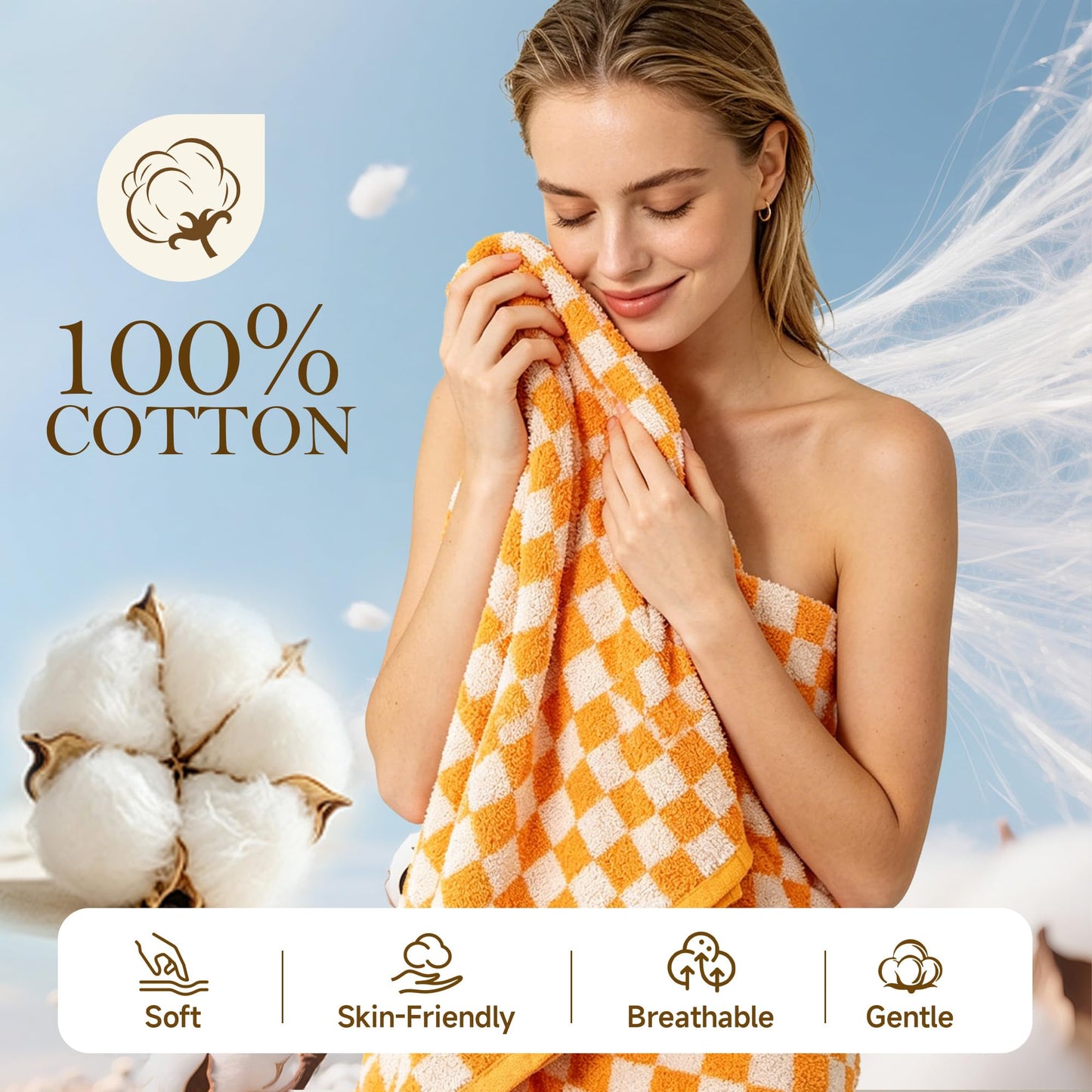 CinGiiCo Checkered Bath Towels Set of 3, 100% Cotton Bath Towels Large, 600GSM, 55 * 28 in, Luxury Shower Towels for Bathroom, Soft Absorbent Quick-Dry（Orange+Dark Green+Pink）
