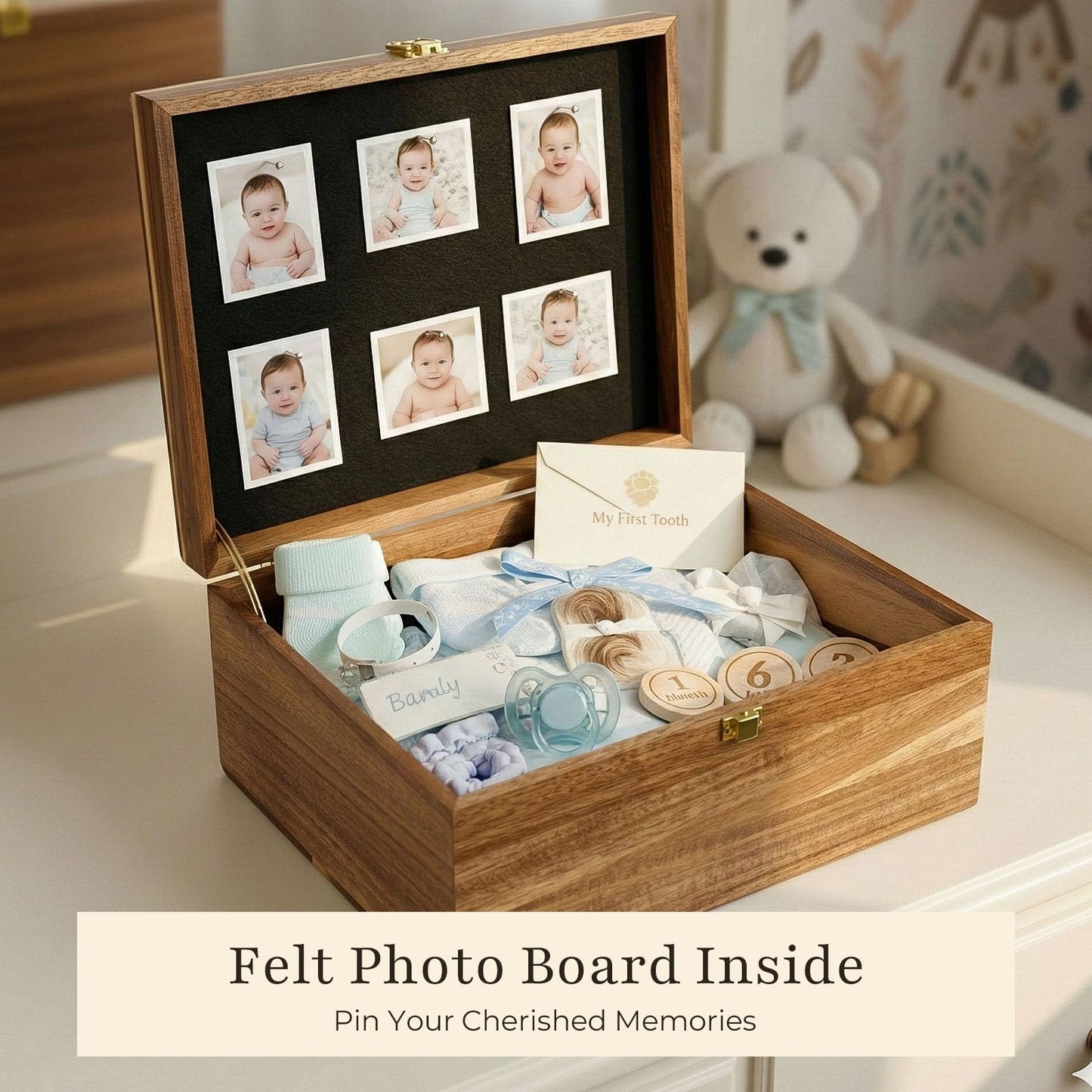 Keepsake Box – Wooden Keepsake Memory Box with Hinged Lid, Tree of Life Engraving, Large Acacia Wood Box 11"x8.6"x5", Felt Photo Board, Secure Latch – Storage for Photos, Letters, Jewelry, Crafts