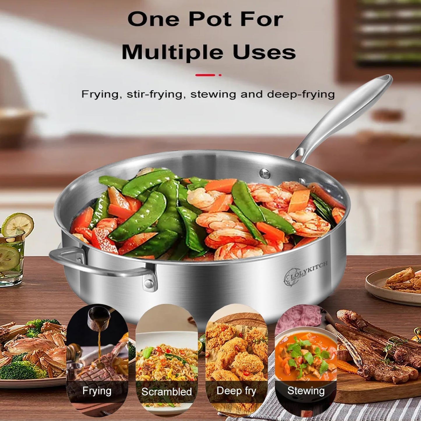 LOLYKITCH 8-10 Inch Tri-ply Stainless Steel Fry Pans and 6 QT Sauté Pan with Lid,Induction Cookware Set,Dishwasher and Oven Safe,Detachable Handle