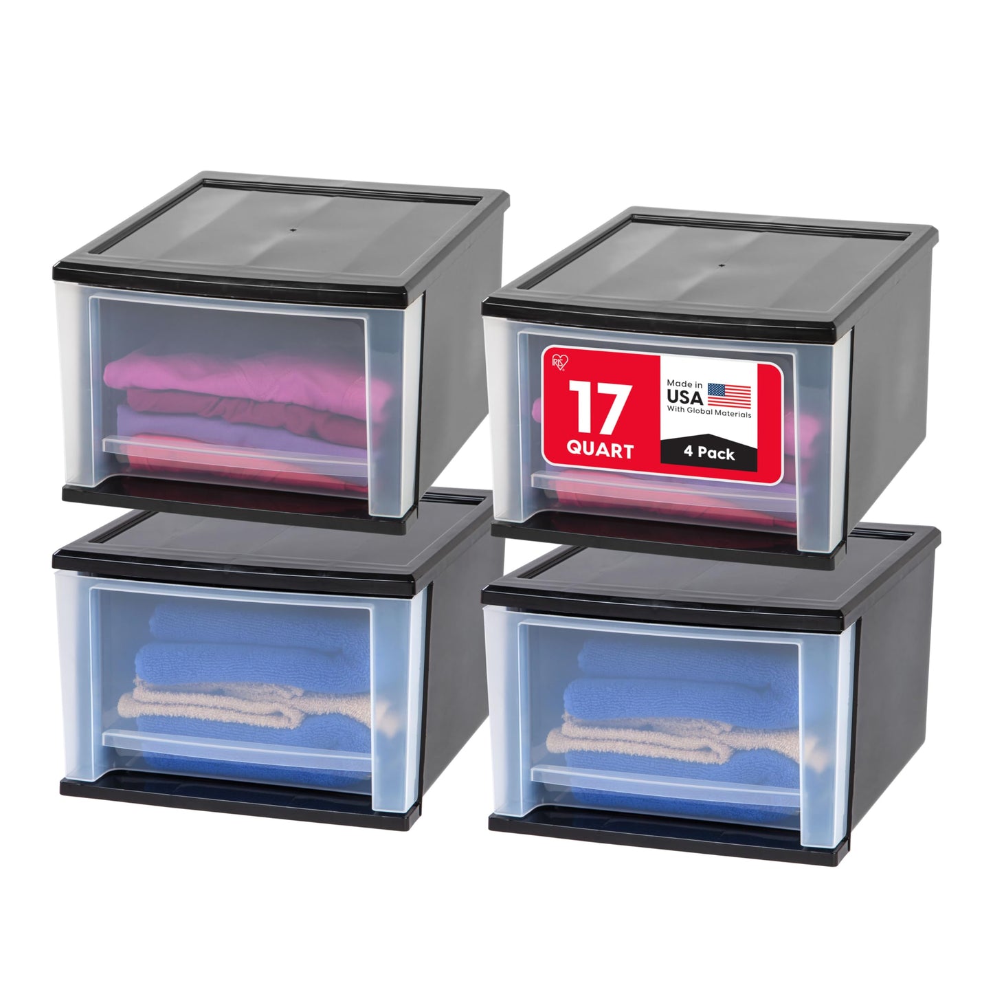 IRIS USA 17 Qt. Medium Plastic Stacking Drawer, Stackable Storage Organizer Unit with Sliding Drawer for Bedroom Kitchen Under Sink Pantry Craft Room Dorm Office, Black, 4-Pack