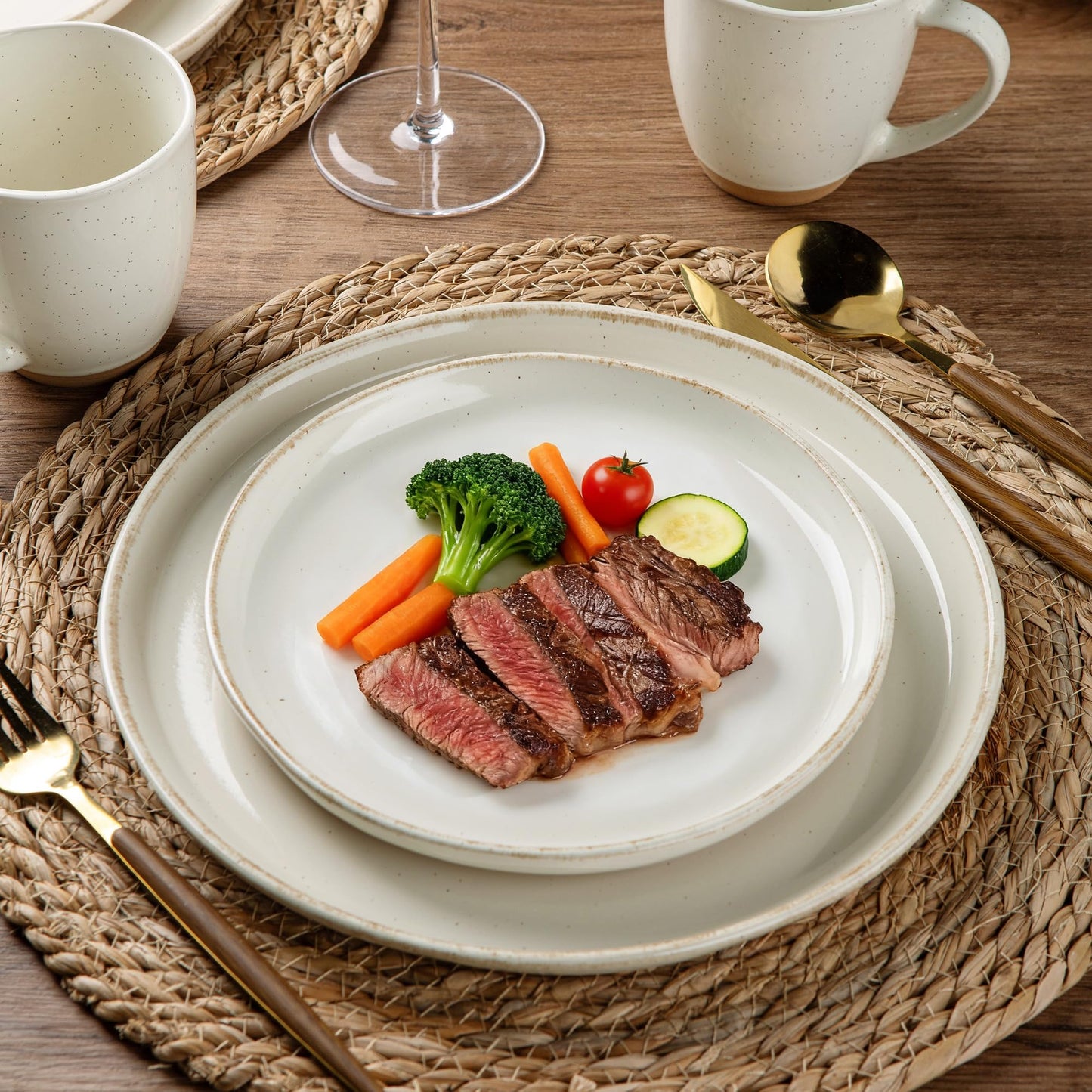 AmorArc Ceramic Dinnerware Sets for 4, 12 Pieces Handpainted Plates and Bowls Set with Rustic Terracotta Underside, Scratch Resistant Stoneware Dishes Set, Dishwasher & Microwave Safe, Beige