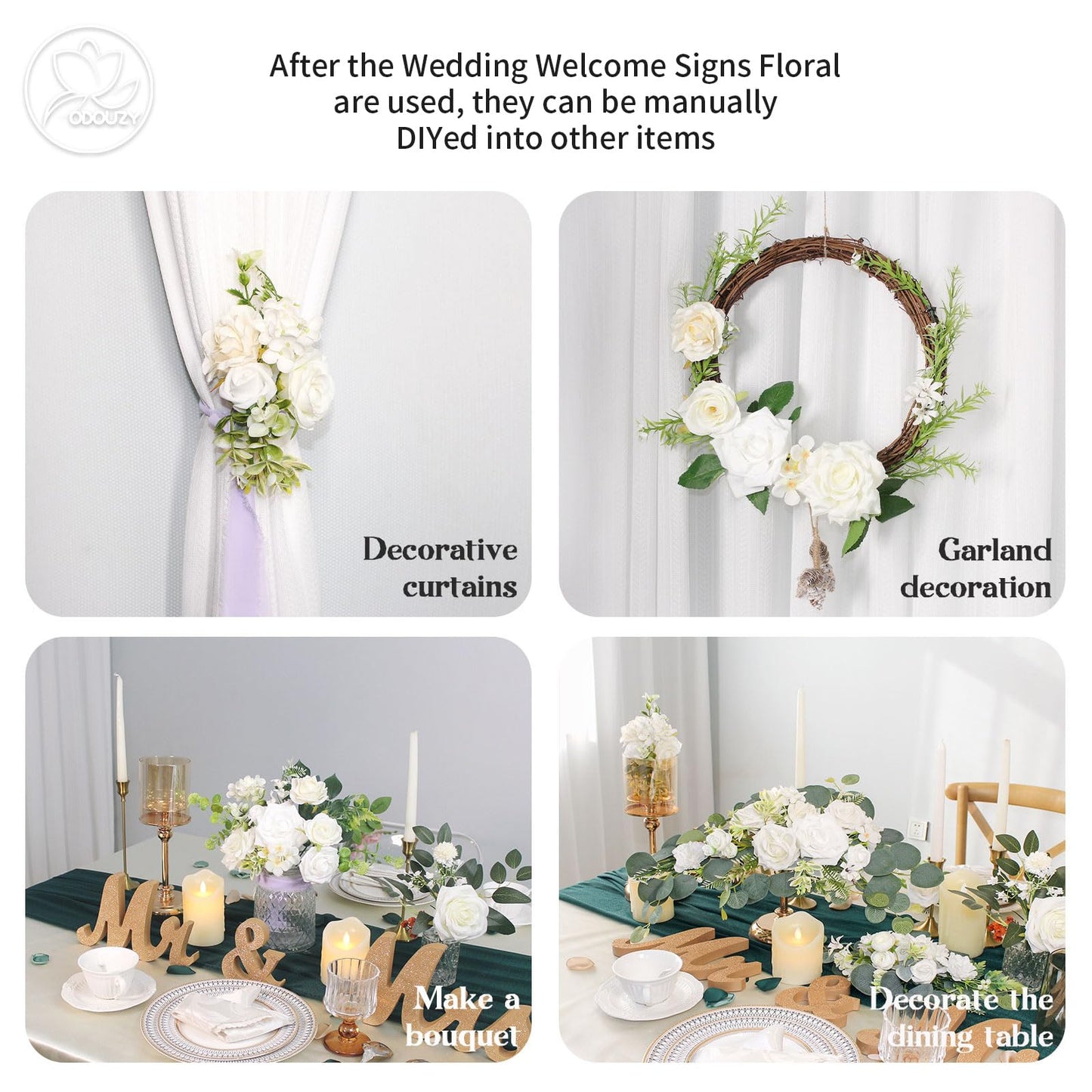Odouzy Artificial Wedding Arch Flowers for Wedding Sign,Set of 2 for Wedding Welcome Ceremony Sign,Faux Floral Swags,Wedding, Banquet and Reception Backdrop Floral Decoration (White)