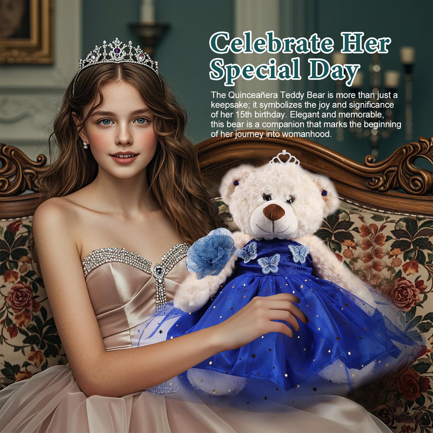 Cisina Quinceanera Doll Quince Teddy Bear with Dress,Quinceanera Decorations for Girls Gifts,OSO De Peluche para 15 Años Con Vestido,Centro De Mesa Muñecas para 15 Años Quinceañeras-Royal Blue