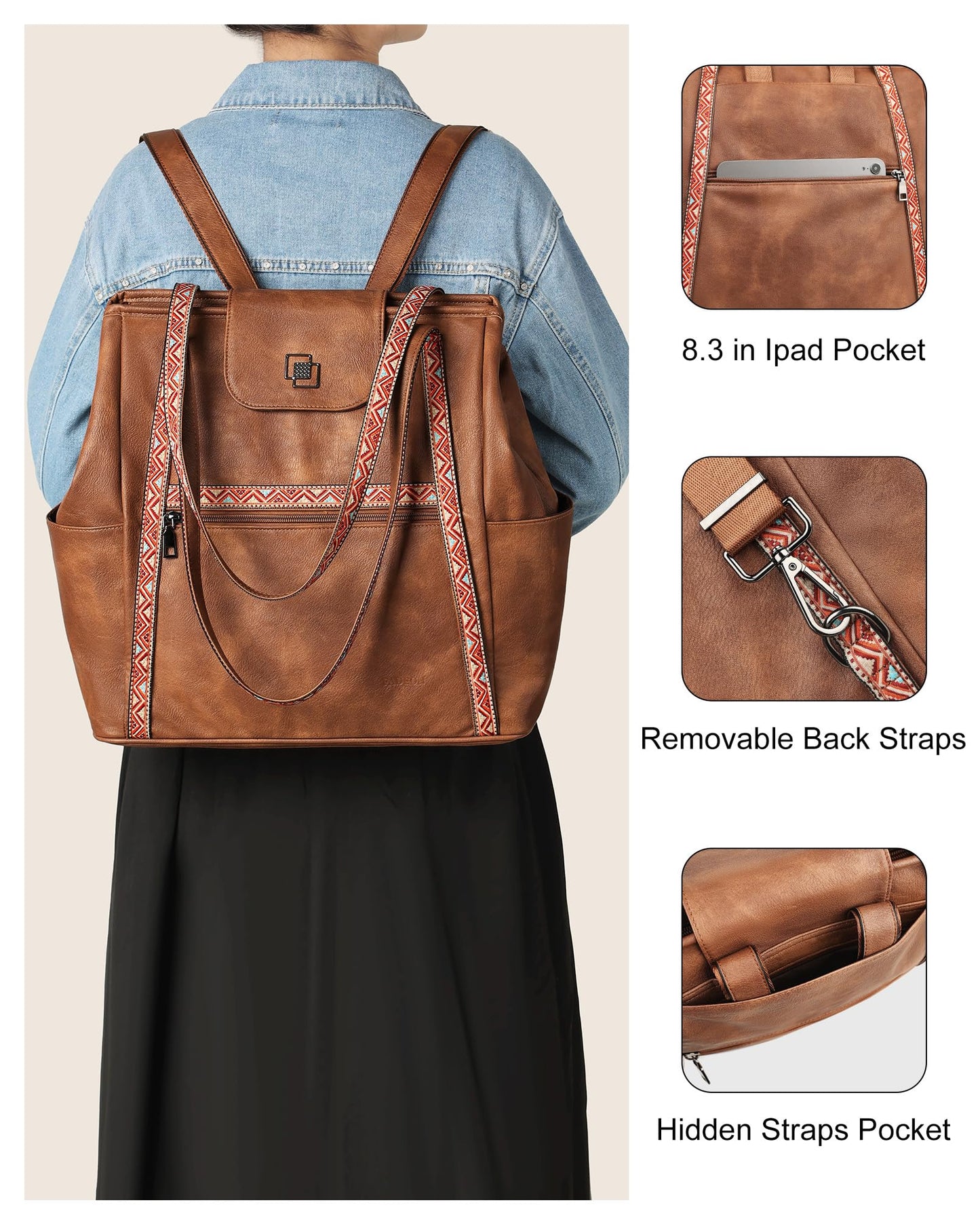 FADEON Large Laptop Tote Bag for Women Designer Leather Laptop Bag Fashion Travel Backpack Purse Shoulder Handbag Brown