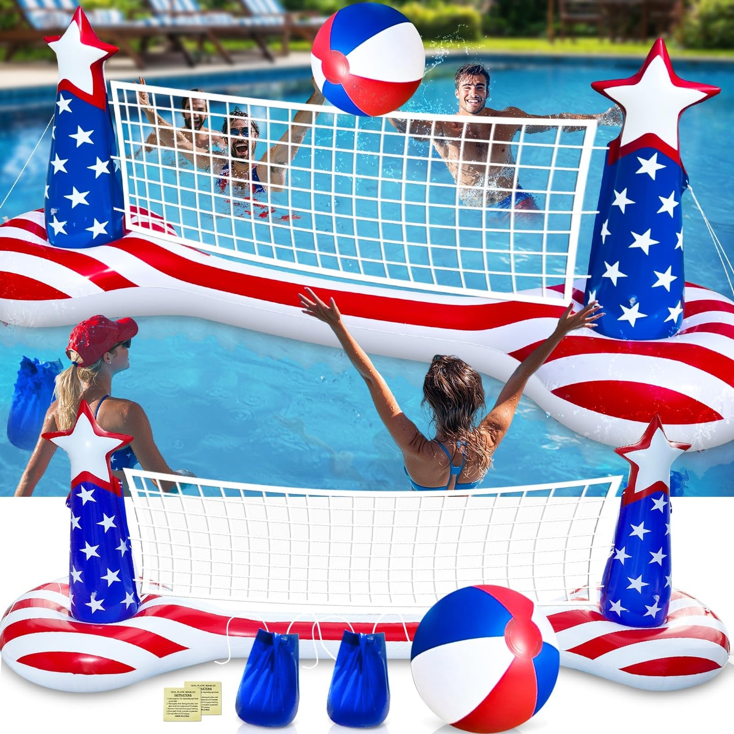 Large Inflatable Pool Games Volleyball Net Pool Float Set with 9" Beach Ball, 2 Weight Bags & American Flag Design – Floating Swimming Game Toy for Adults & Kids, Perfect for 4th of July Party Summer