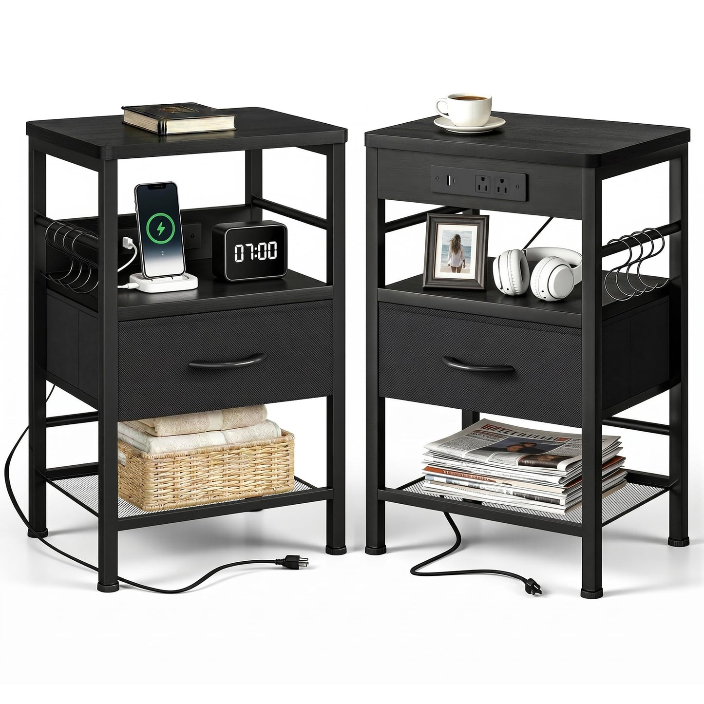 Lazzanto Nightstands Set of 2 with Charging Station, Bedside Tables with Open Shelf & Hooks, End Tables with USB-C USB-A Ports AC Outlets, Night Stand for Bedroom with Fabric Drawer, Black