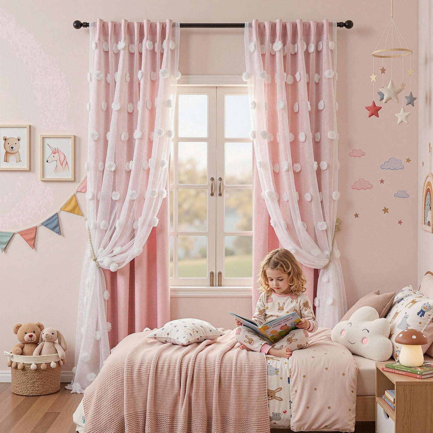 MYSKY HOME Pink Curtains for Girls Room 84 Inches Long Nursery Curtains Girl for Kids Room Double Layer White Pom Pom Sheer Living Room Darkening Window Drapes Back Tab, W52 X L84, 2 Pieces