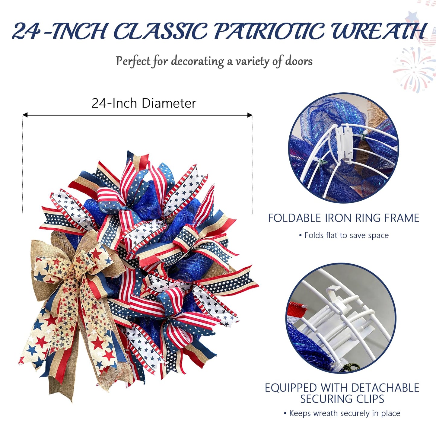Presentastic 250th Anniversary Patriotic Wreaths for Front Door, 24 Inch Large 4th of July Decorations, Handcrafted Ribbon Burlap Bow, Red White and Blue Memorial Day Wreath with Lights & Storage Bag