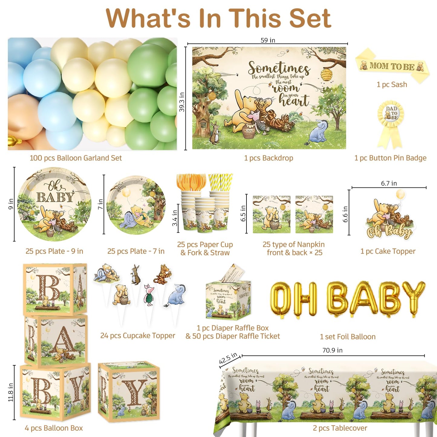 336pcs Classic Bear Baby Shower Decorations, Neutral All-in-one Complete Party Set with 25pcs Plates, 2 Tablecloths, Backdrop Cake Cupcake Topper for Bear Party Decor, 25 Guests