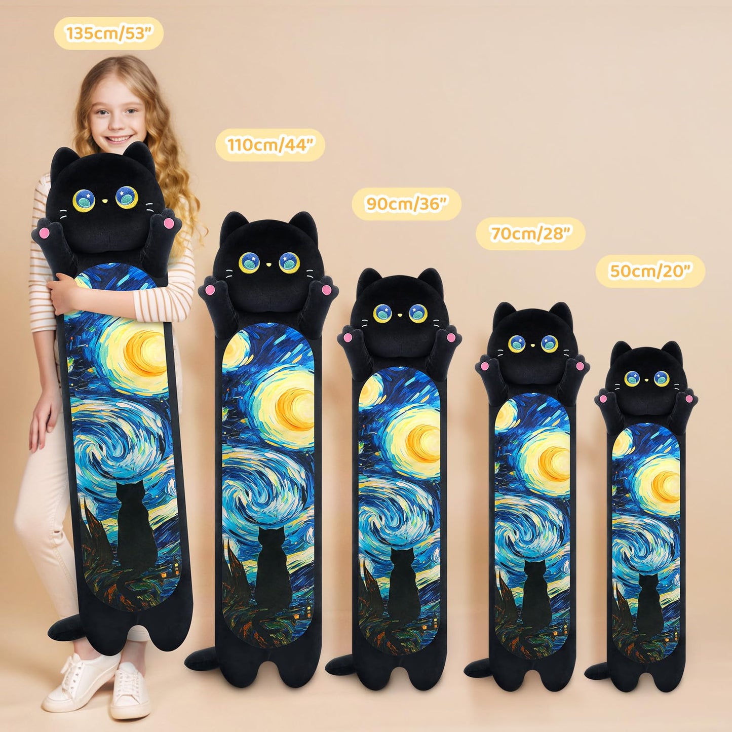 Mewaii Long Cat Plush Body Pillow, Cute Cat Plush Animals Kawaii Soft Plushies, Kitten Plush Pillow Gift for Girls Boys (Blue Starry Cat 53 Inch)