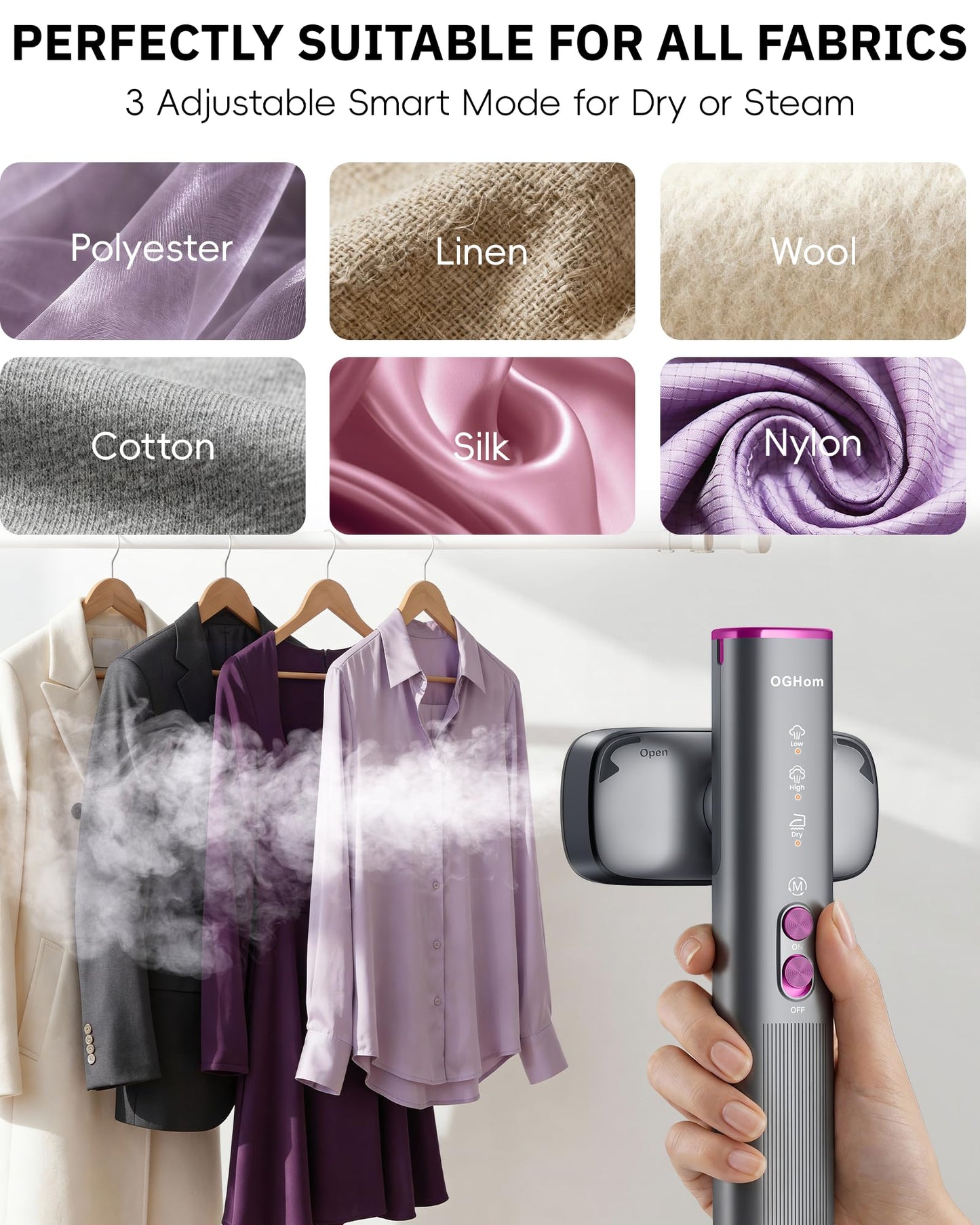 OGHom Steamer for Clothes, 110-240V Travel Steamer & Iron 2 in 1, 1000W Powerful Steam, Portable Handheld Garment Wrinkle Remover, 30s Fast Heat-Up with Dry & 2-Steam Control, for Global & Europe