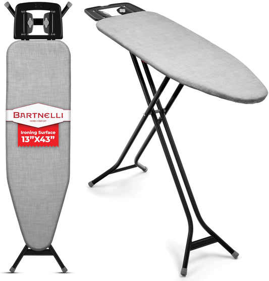 Bartnelli Extreme Stability Ironing Board 43x13 Upgraded Heavy-Duty Metal Frame & Iron Rest, Height Adjustable, Foldable, 4 Non-Skid Feet, 100% Cotton Cover, Made with Patent European Engineering