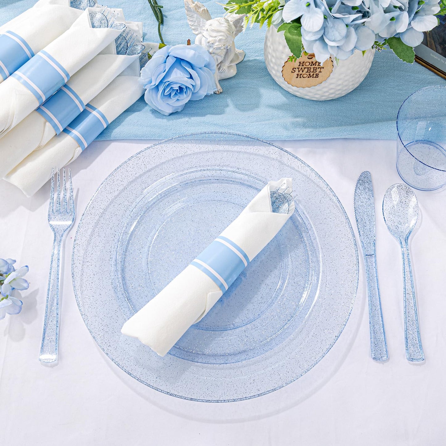DaYammi 350 Pieces Blue Glitter Dinnerware Set 50 Guest for Party- 50 Dinner Plates, 50 Dessert Plates -50 Per Rolled Napkins with Blue Cutlery - 50 Disposable Cups 9 OZ