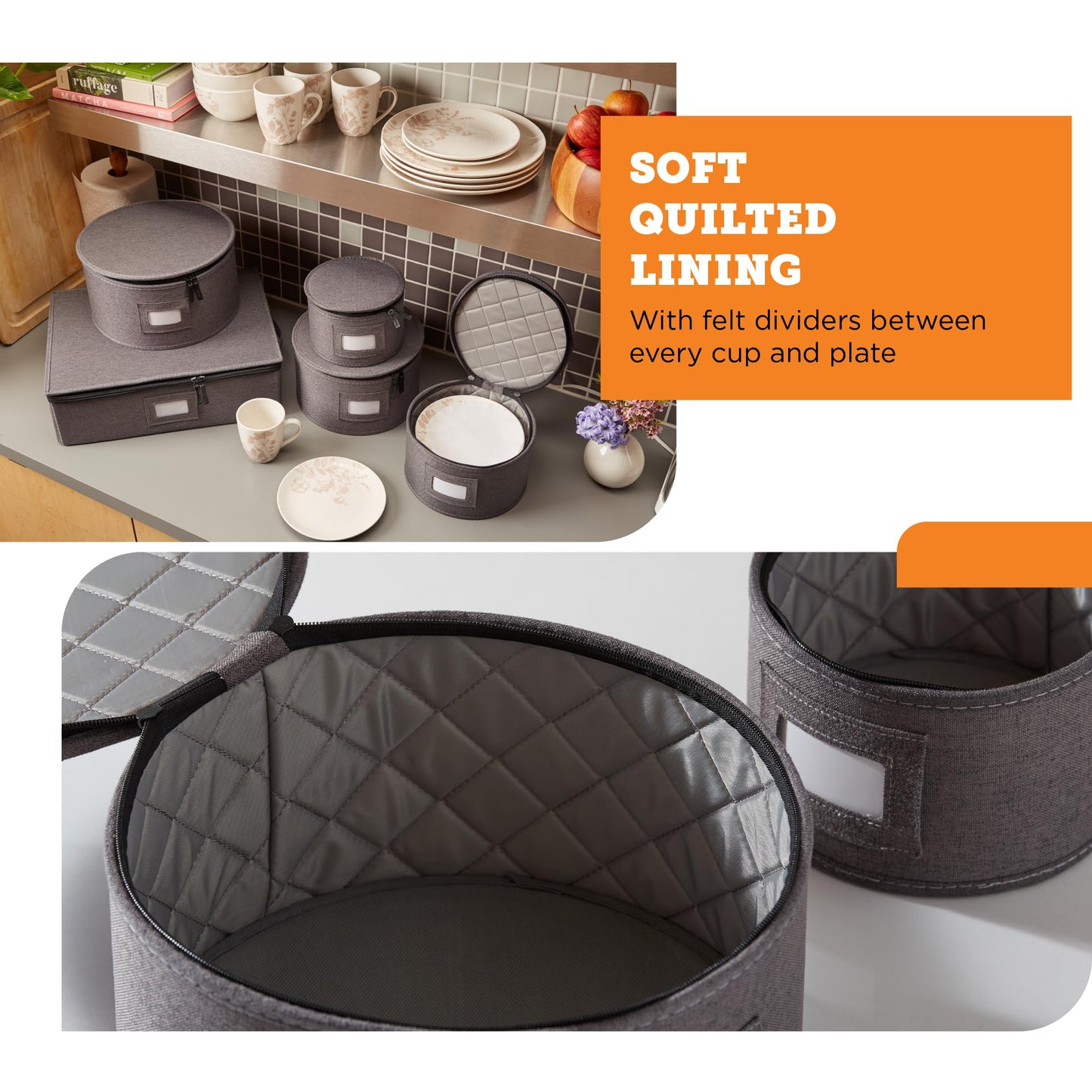 storageLAB China Storage Containers, Hard Shell Case with Felt Dividers for Charger Plates, and Dishes, Ideal for Kitchen Organization, Moving Supplies, and Fine China Storage - 5-Piece Set, Gray