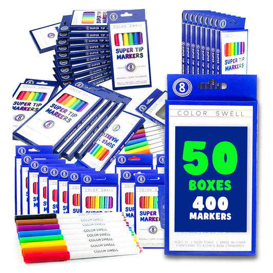 Color Swell Super Tip Washable Bulk Markers Pack 50 Boxes of 8 Vibrant Colors (400 Total Markers) Perfect for Kids, Parties, Classrooms