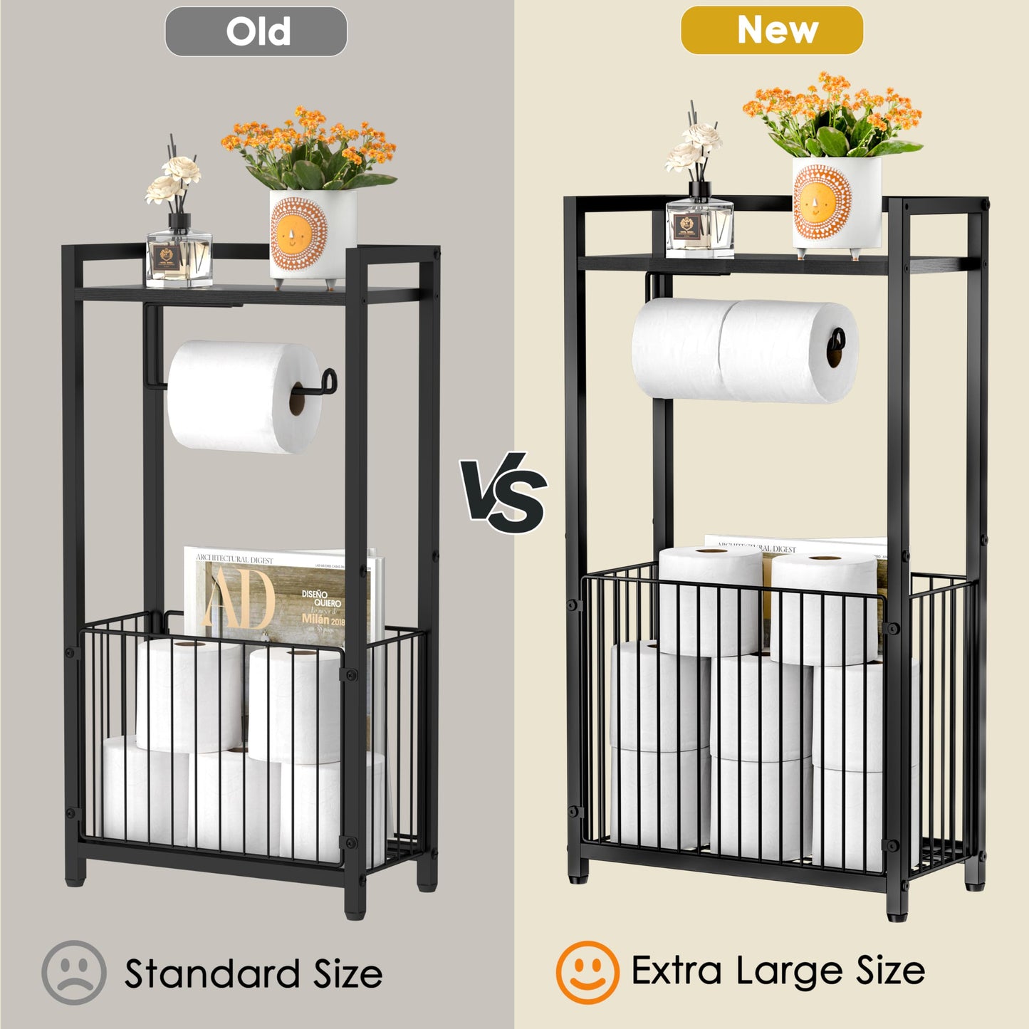 Freestanding Toilet Paper Holder with Storage Shelf - Larger Size Bathroom Tissue Stand with Space for Multiple Rolls, Phone, Wipes, and Magazines – All-in-One Toilet Roll Dispenser and Organizer