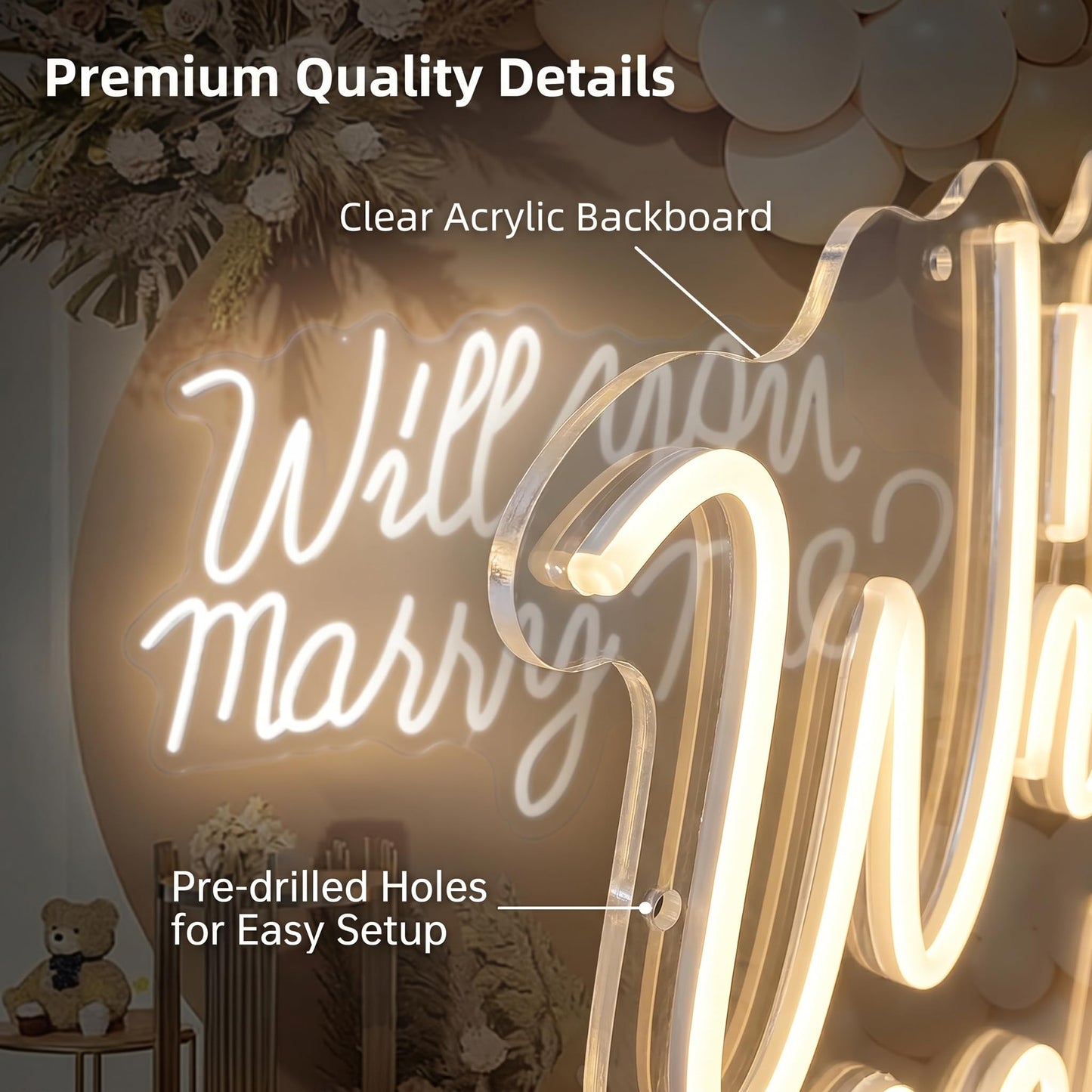 Will You Marry Me Neon Letter Sign, 21.7x13.8 Inch Acrylic LED Letter Sign Light Up Letters, Neon LED Signs for Wall Decor, Marriage Proposal, Wedding, Valentine's Day Decor (warm white)