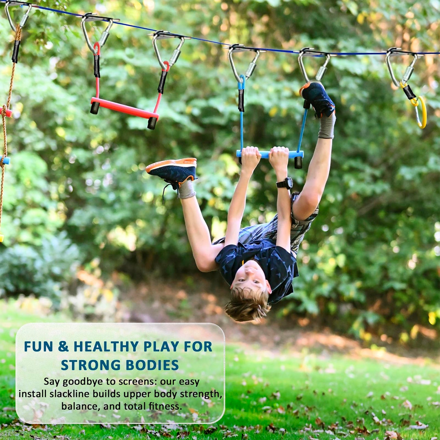 Gentle Booms Sports Ninja Warrior Obstacle Course for Kids, 2×56ft Ninja Line Kit with 8 Slackline Accessories - Monkey Bar, Rope Ladder, Gymnastic Ring, Arm Trainer and Monkey Fist