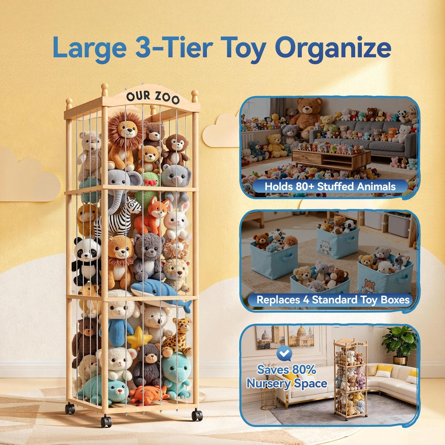 Jumvix Stuffed Animal Storage Zoo Tower, Large Capacity Wooden Stuffed Animal Holder with Wheels, Space-Saving Toy Storage Organizer, Stuffy Plushies Storage for Nursery, Playroom & Bedroom