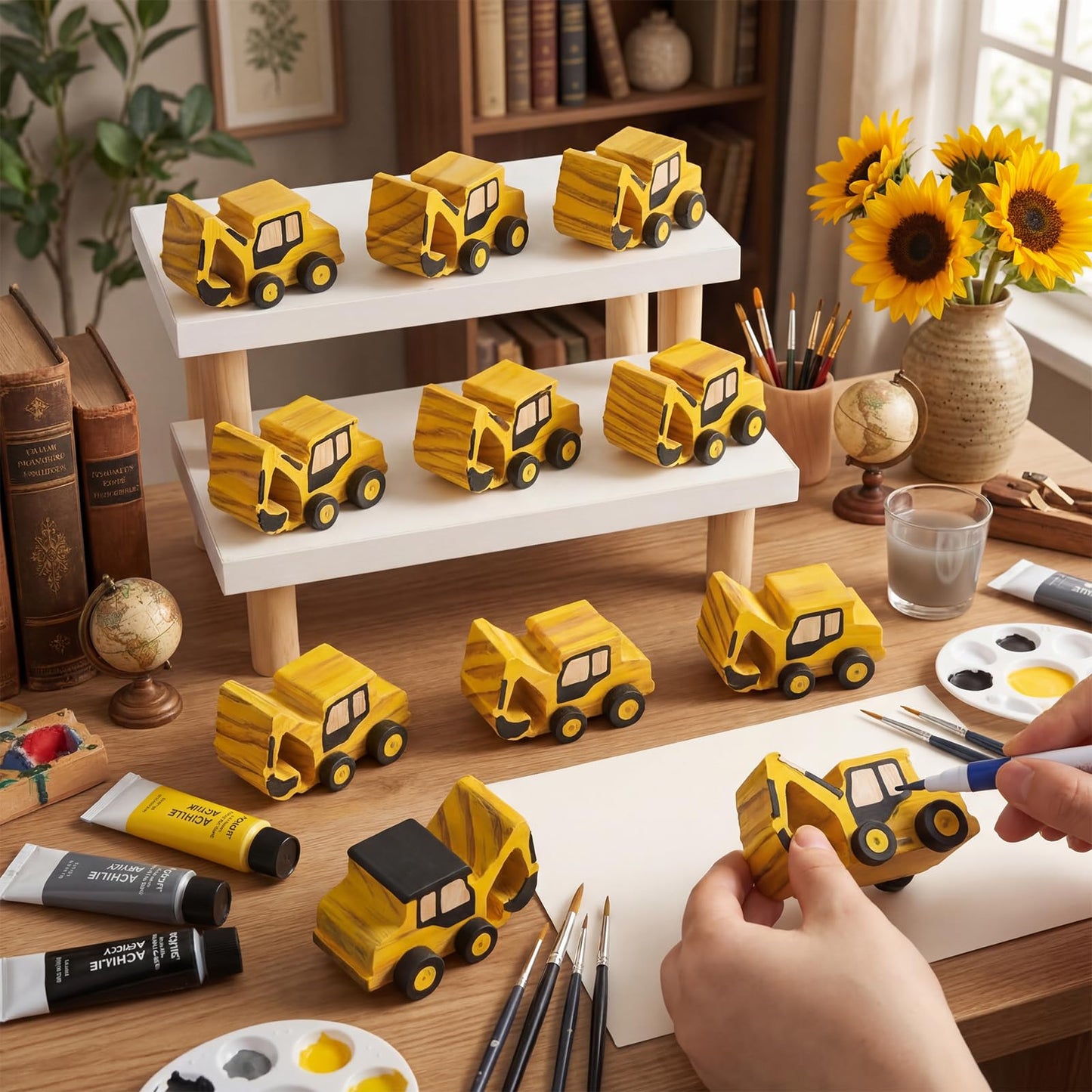 Arrowbash 12 Pieces Construction Crafts Wooden Excavator Truck Crafts Kit DIY Unfinished Wooden Painting Excavator Truck Party Favors for Construction Birthday Party Home Activities Easy Supplies