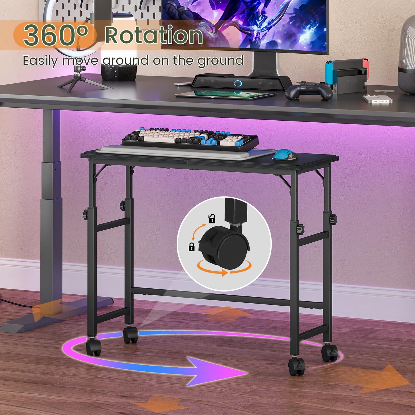 Snughome Mobile Keyboard Tray with Mouse Pad, Height Adjustment 21.6"-31.1", Keyboard Standing Desk, Rolling Under-Desk Extender with Lockable Casters, Desk Accessories for Home Office, Black