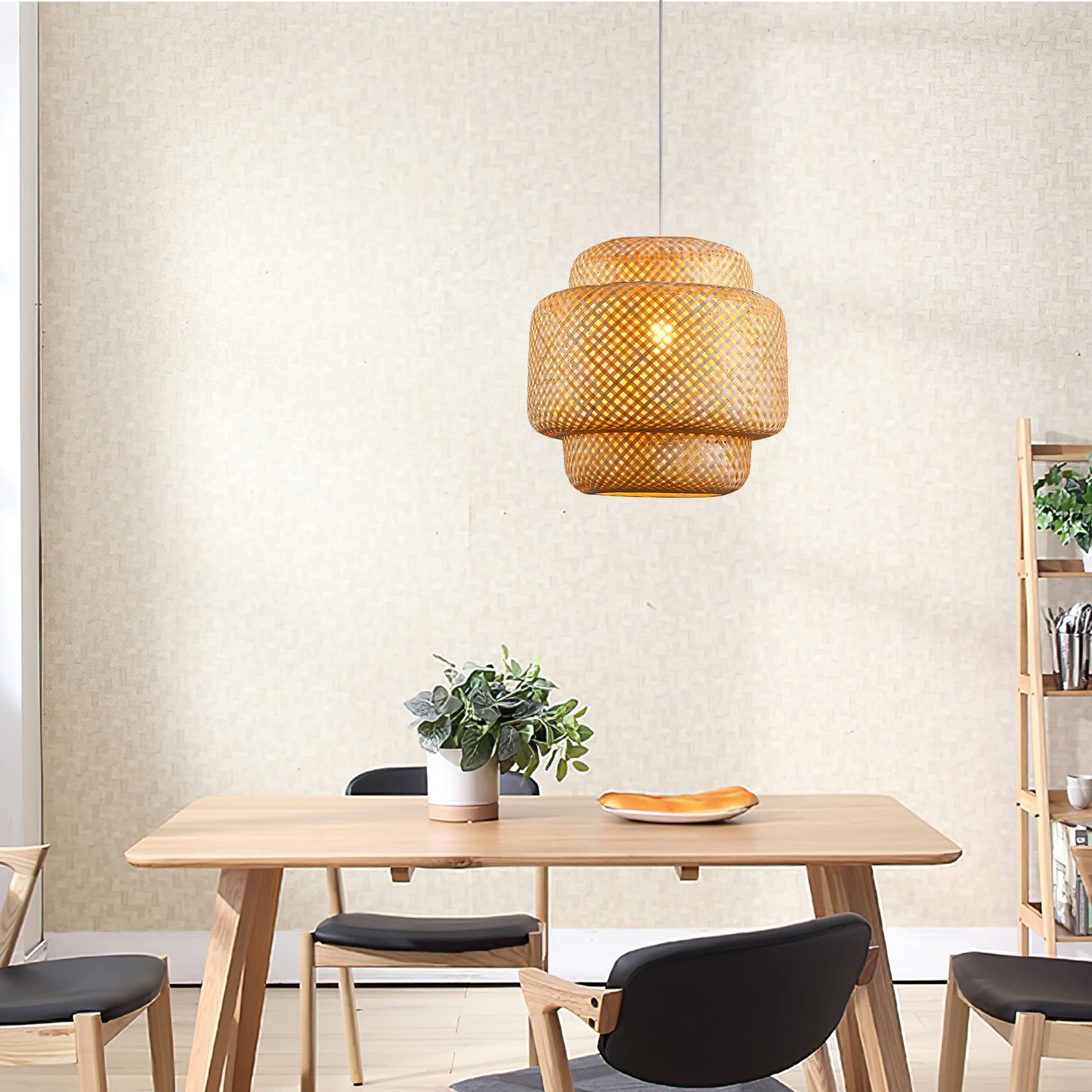 Karjearl Bamboo Pendant Light - Boho Basket Chandelier Handmade Woven Pendant Light, Natural Wicker Rattan Hanging Chandelier for Kitchen Island Dining Room Living Room Porch