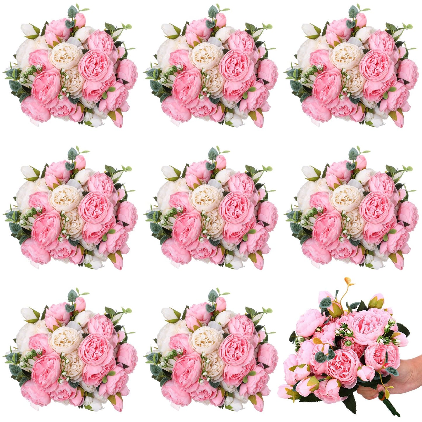 Hoteam 24 Bundles Artificial Peonies Flowers Wedding Faux Flowers Silk Peony Bouquet Bulk Bride Fake Florals Arrangements for Table Centerpieces Wedding Party Vase Decor (Light Pink, White)