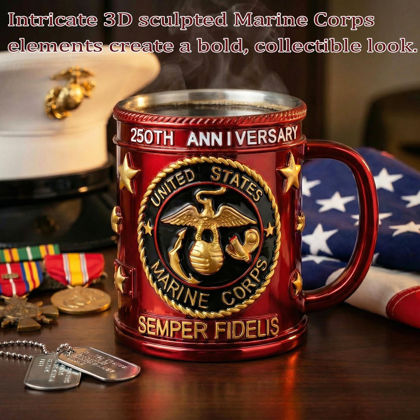 FEIOOD Metal Heavy Marine Corps Coffee Mug, USMC Anniversary 15oz Mug, Stainless Steel Army Mug, Veteran Gift & Military Collectible
