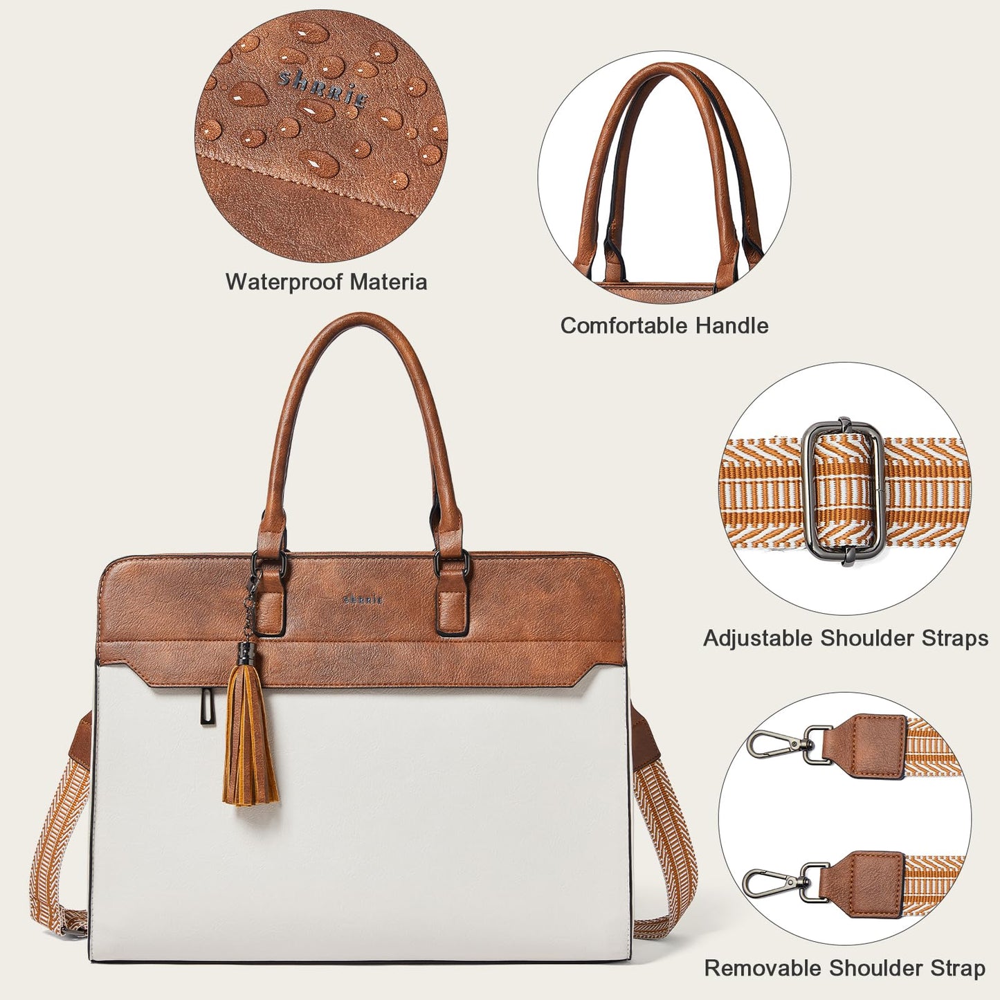 Shrrie 17 inch Laptop Bag for Women,Water-Resistant Work Bag LaptopTote Bag,Professional Business Tote for Office,Travel,College-Fits 15.6 Laptop&Tablet,Briefcase with Satchel Purse,Beige with Brown