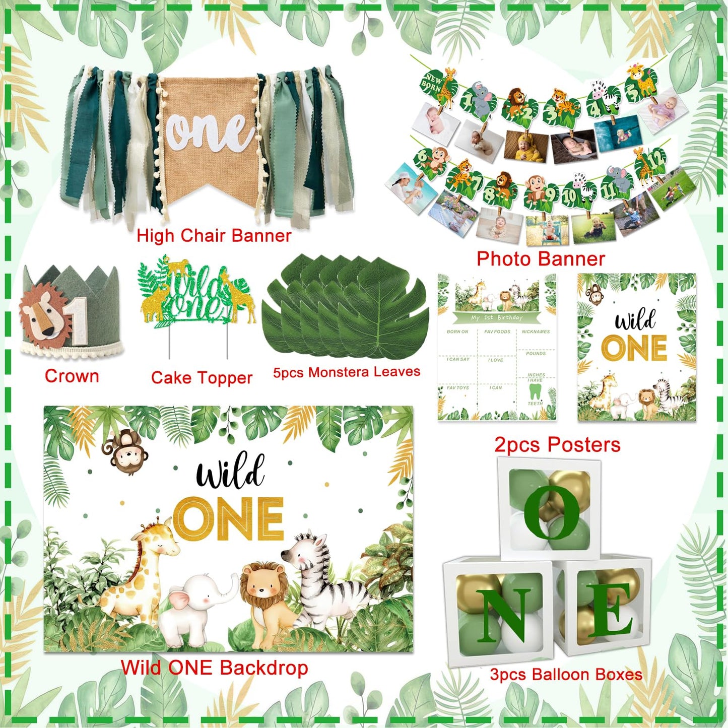 Wild One Birthday Decorations,Jungle Safari Animal Theme First Birthday Decorations Baby Shower Party Supplies for Boy Girl Photo Banner, Balloon Box, Balloons Garland, High Chair Banner, Backdrop