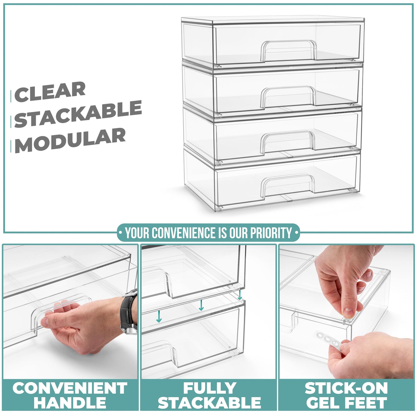 Sorbus Acrylic Storage Containers - 4 Pack, Stackable Storage Bins Set for Bathroom Organization - Clear Acrylic Drawer Organizers - Makeup Case Pull-Out Drawers (12.1’’ Wide)