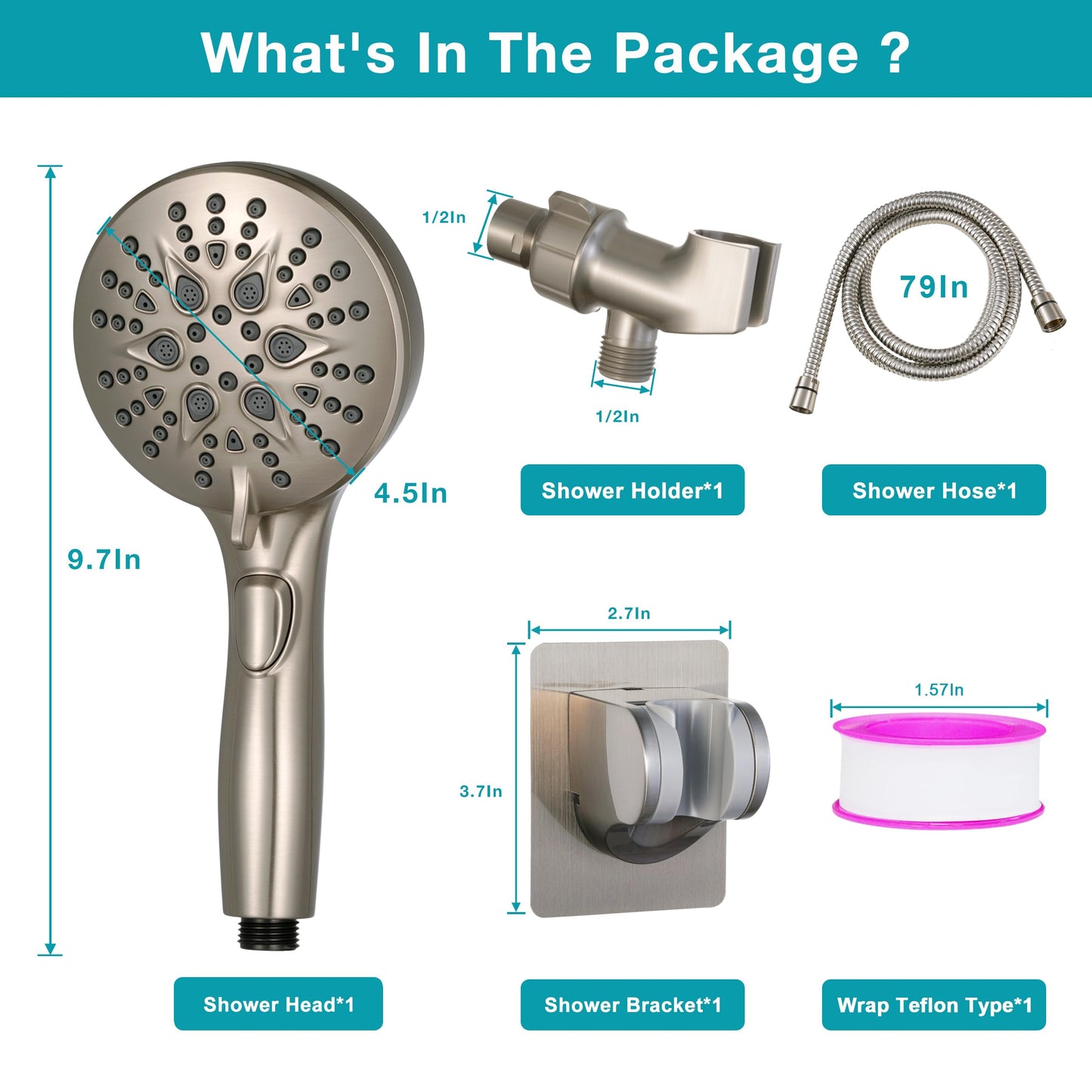 GwernKB Handheld Shower Head with on off Switch&Built-in Power Spray,7-Setting High Pressure Shower Wand with 79in Long Hose&Bracket and Extra Adhesive Shower Holder for Lower Mount,Brushed Nickel