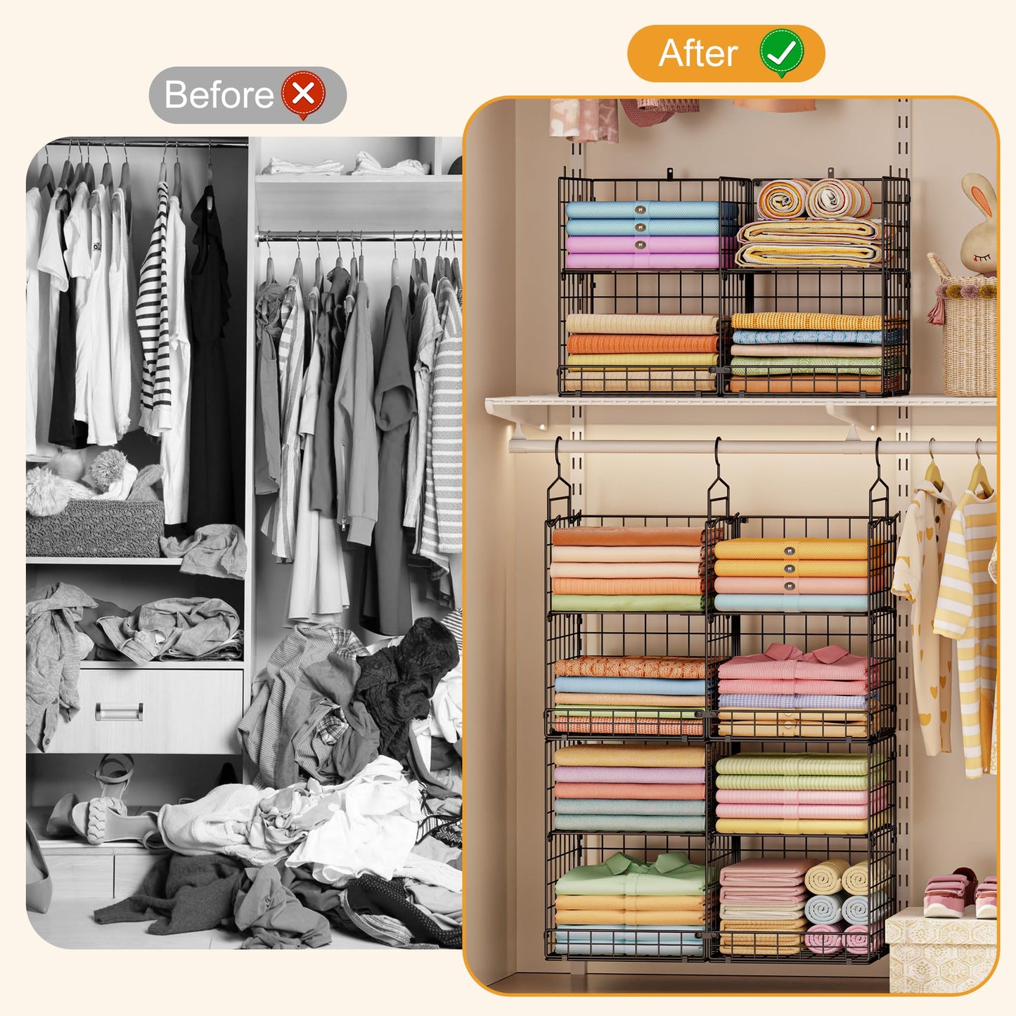 Hanging Closet Organizer with DIY Spacing, Double-Row Closet Hanging Shelves with 4 Adjustable Dividers & 6 Hooks, Heavy Duty Metal Closet Storage Organizer with Front Guard, Split into 2 Units