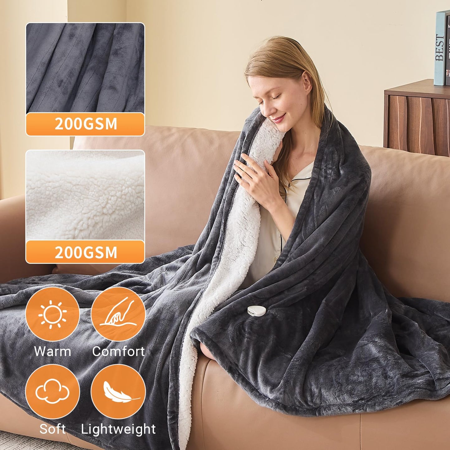 DANENOSA Electric Heated Blanket Queen Size 84''x90'' Soft Flannel & Sherpa Electric Blanket with 10 Heating Levels, Automatically Shut Down After 8h with Overheat Protection Machine Washable