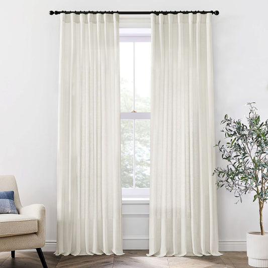 108 Inch Linen Curtains 2 Panels,With Heading Tape Hooks for Track System Back Tab,Stone Washed Cotton Flax Weave Sheer Extra Long Curtain for Living Room Bedroom,9FT 9 FT,Cream(Ivory/Off White)