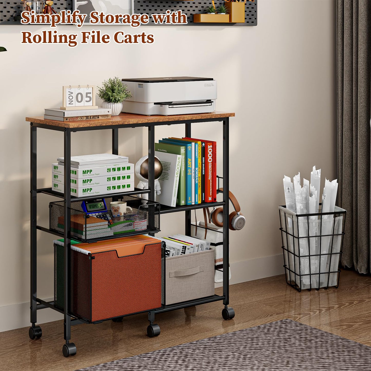 Tiaoheka Rolling File Cart with Wheels,Lateral File Cabinet with 2pcs Drawers,Rolling Printer Stand Cart with Open Storage Shelf,Hanging Filing Cabinet Organizer Cart Fits Letter Size for Home Office