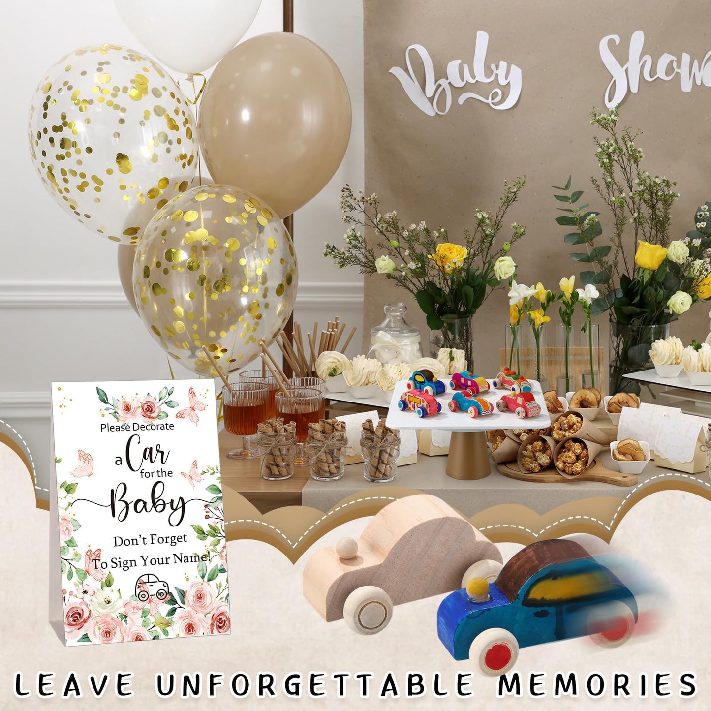 WinnerWhy Baby Shower Game Sign Kit Includes 32 Unfinished Wooden Car Blocks, 12 Markers, and a Prize Decoration Sign for Baby Shower(Boho)