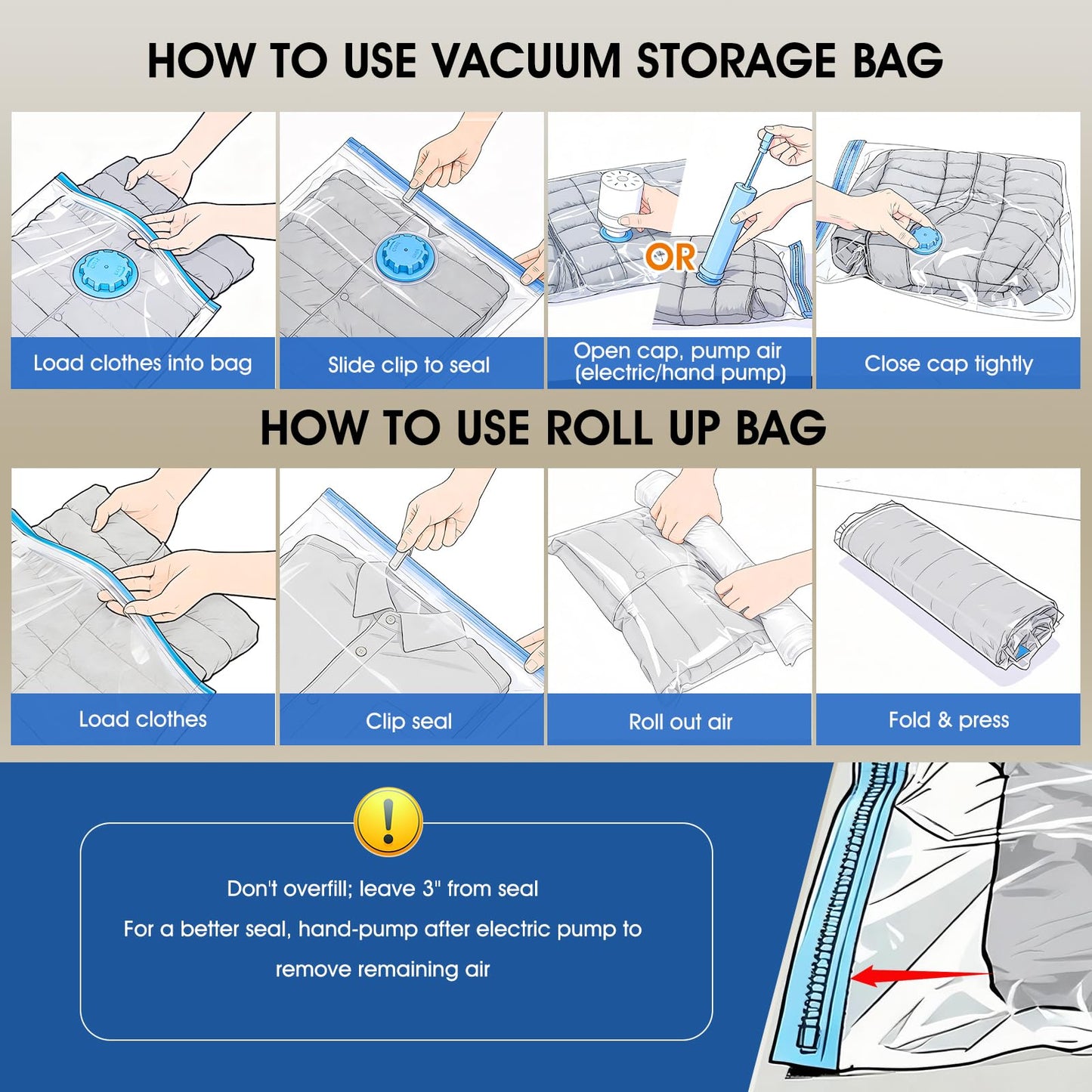 AROIC 50 Pack Vacuum Storage Bags, 5 Sizes + 2 Roll-up (8 Each) Space Saver Vacuum Sealer Bags for Clothing with 1 Electric Pump and 1 Hand Pump, Seasonal Storage Bags for Luggage, Travel Essentials