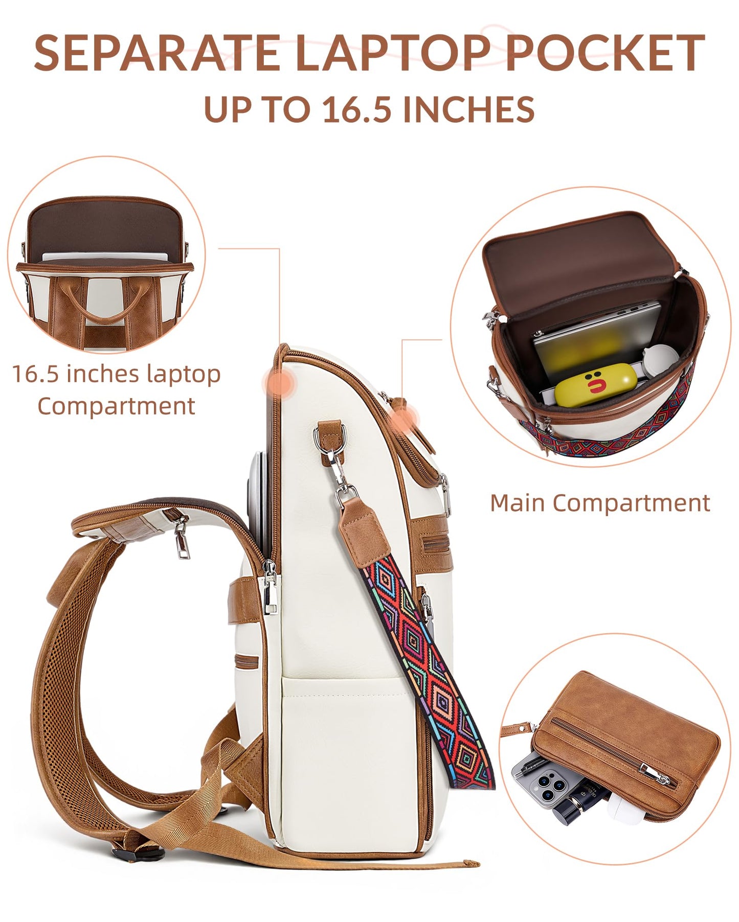 SYTRAH Leather Laptop Backpack for Women Designer Laptop Bag, 16.5 inch Travel Computer Backpacks Purse with Tassel for Work Business with Satchel Purse Beige Brown